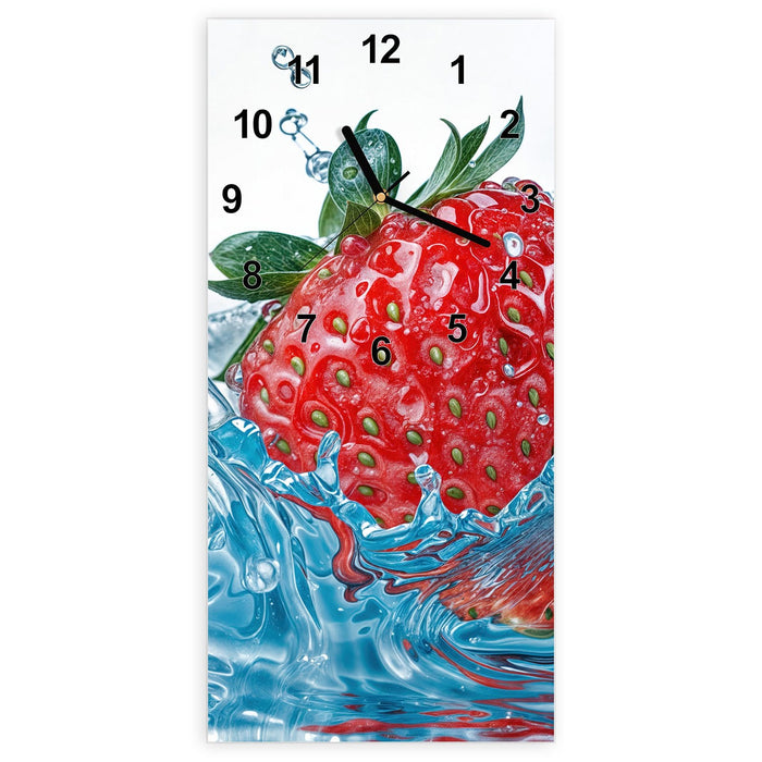 Wanduhr Erdbeere Spritzer aus Glas – Hochformat 30 × 60 cm mit Ziffernblatt Modern
