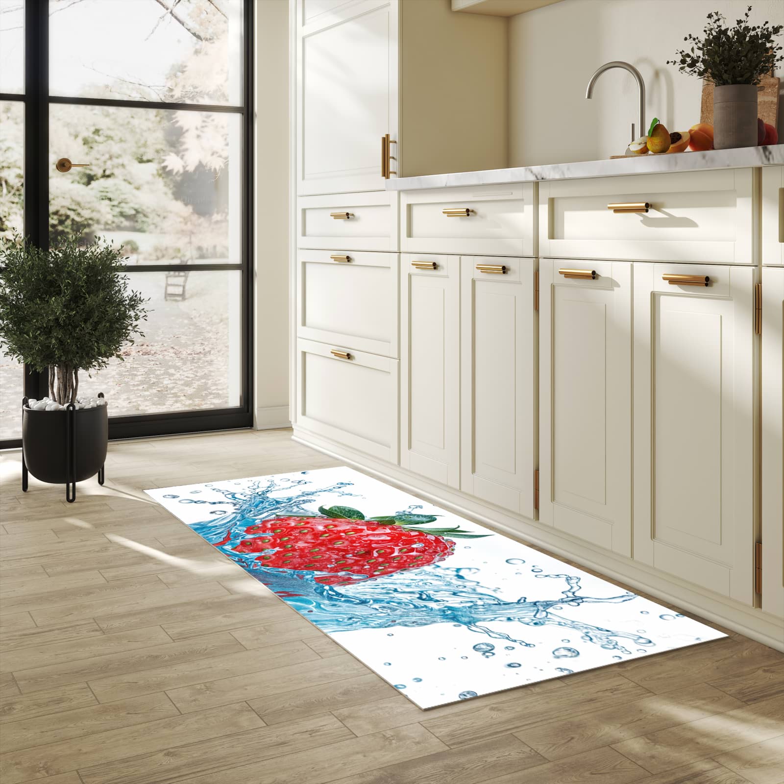 Farbbeständiger Küchenteppich mit Motiv Erdbeere Splash in heller Küche