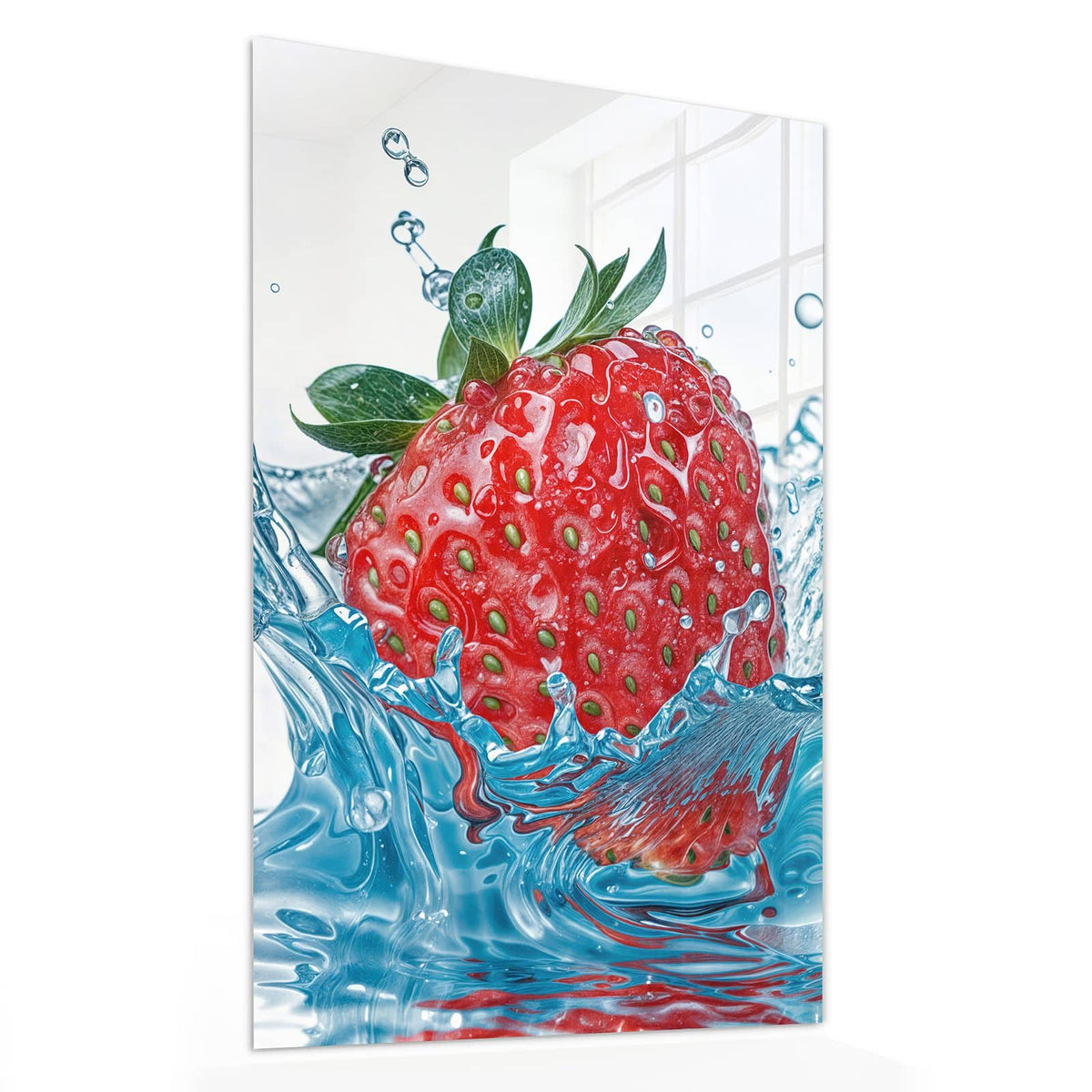 Glasbild Eintauchende Erdbeere von der Seite, 4 mm Echtglas