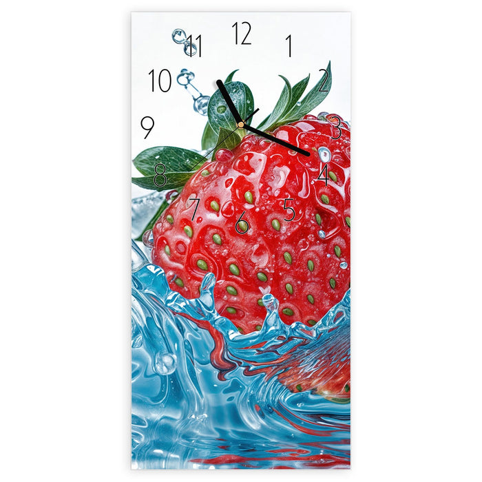 Wanduhr Erdbeere Spritzer aus Glas – Hochformat 30 × 60 cm mit Ziffernblatt Elegant