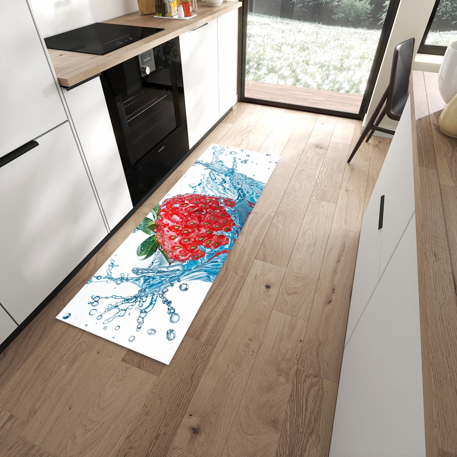Bodenschonender waschbarer Läufer für die Küche mit Motiv Erdbeere Splash in moderner Küche