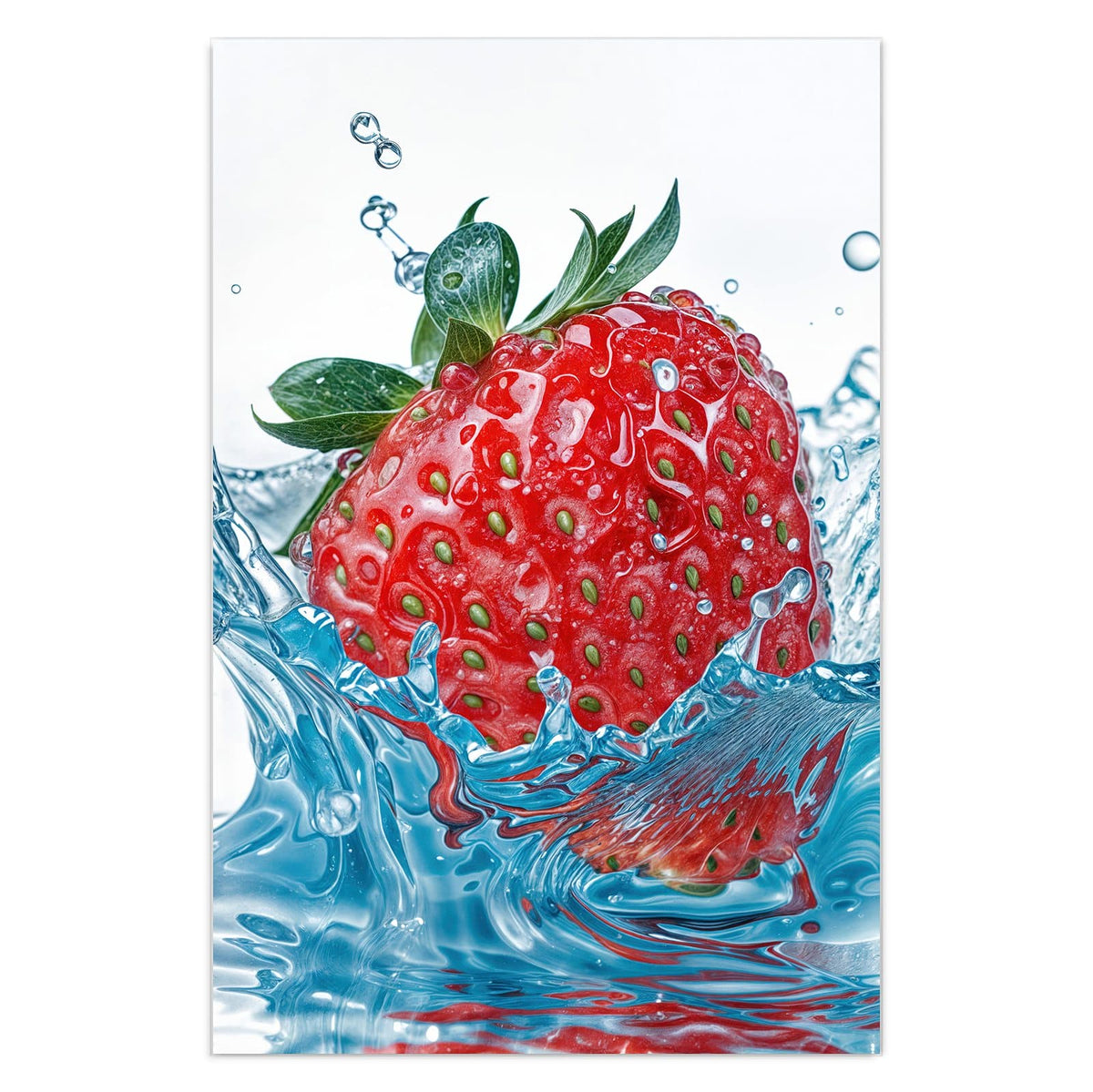 Erdbeere taucht in blau schimmerndes Wasser, Spritzer ringsum