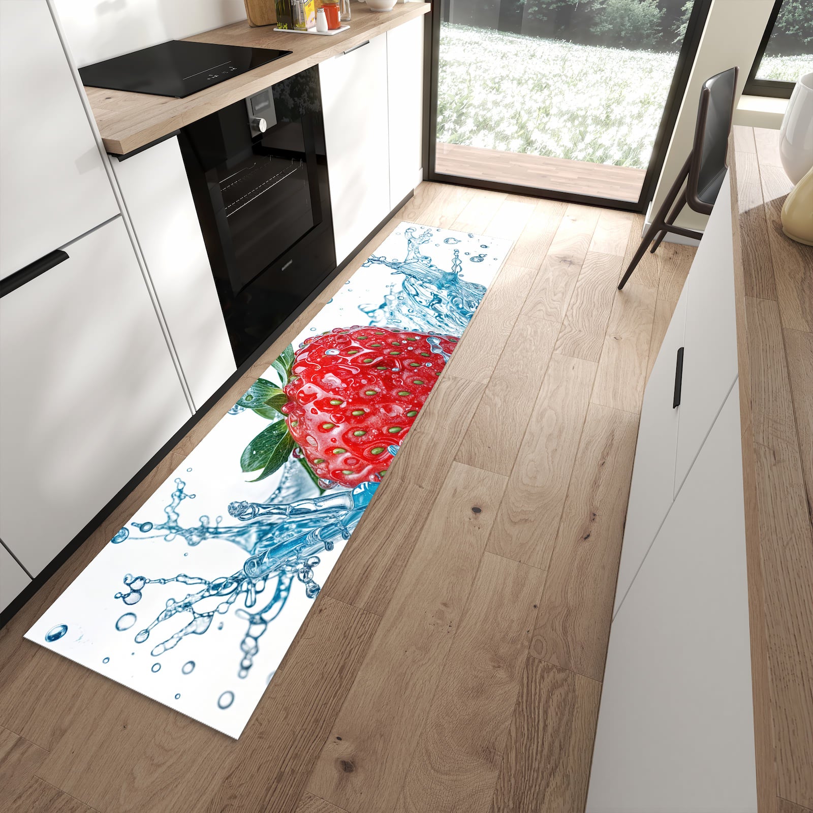 Waschbarer Küchenläufer mit Motiv Erdbeere Splash für Ordnung in moderner Küche