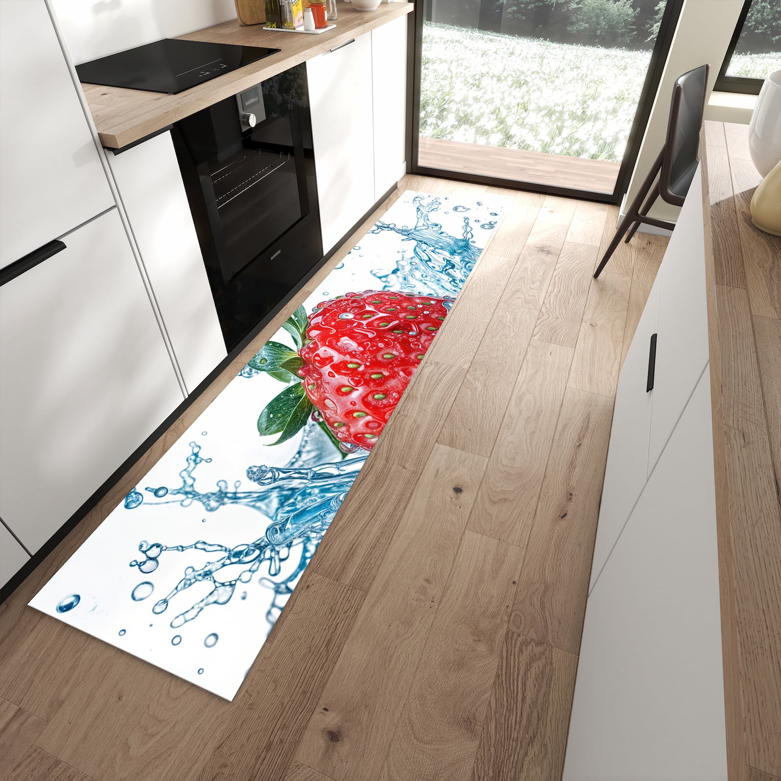 Bodenschonender langer Teppich mit Motiv Erdbeere Splash in moderner Küche