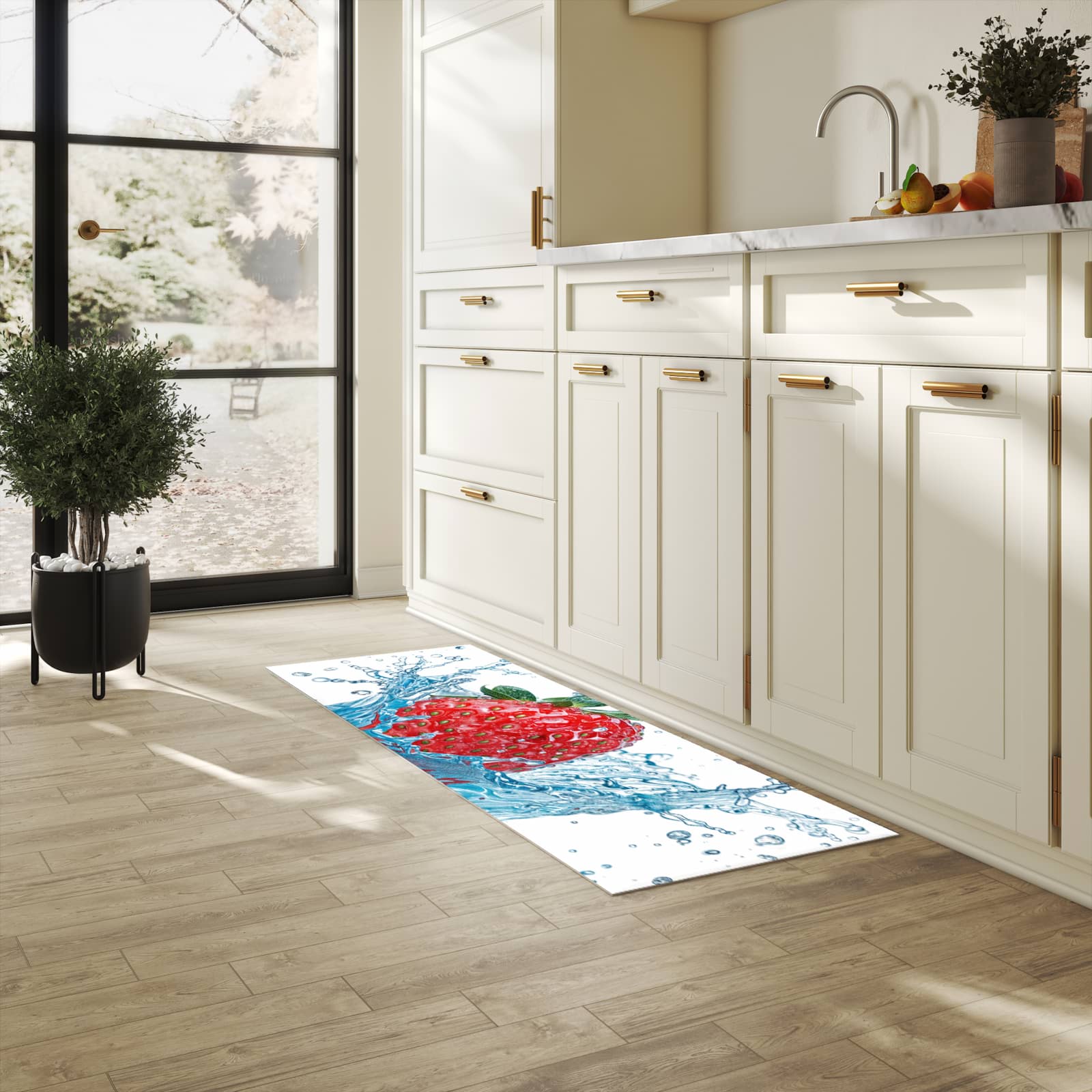 Rutschfester Bodenläufer-Teppich mit Motiv Erdbeere Splash in heller Küche