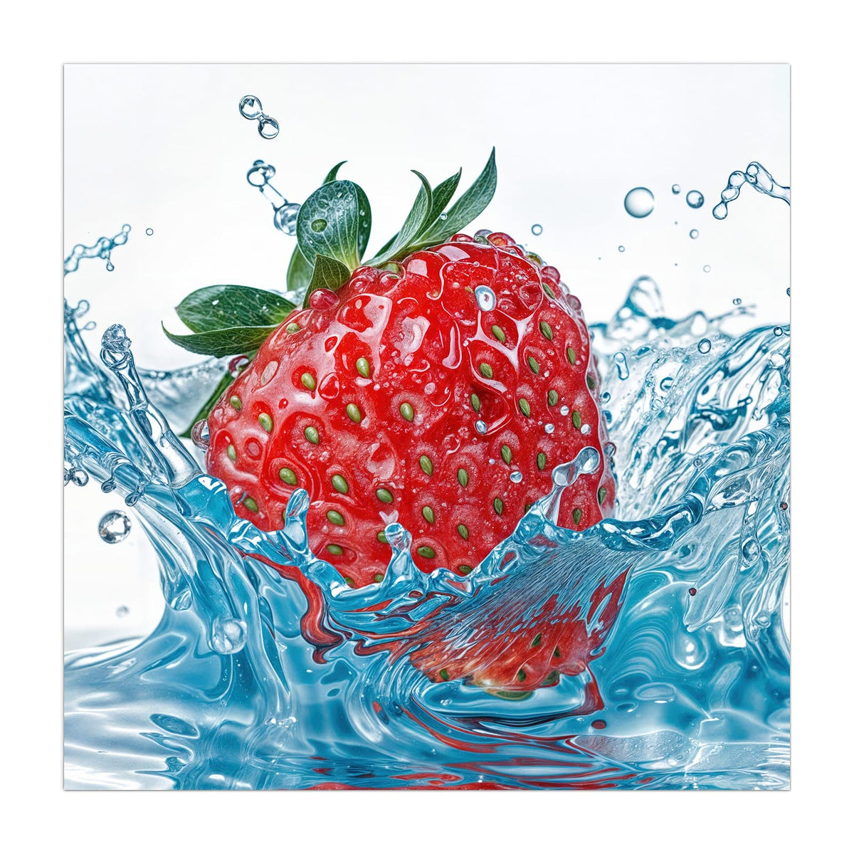 Erdbeere taucht in blau schimmerndes Wasser, Spritzer ringsum
