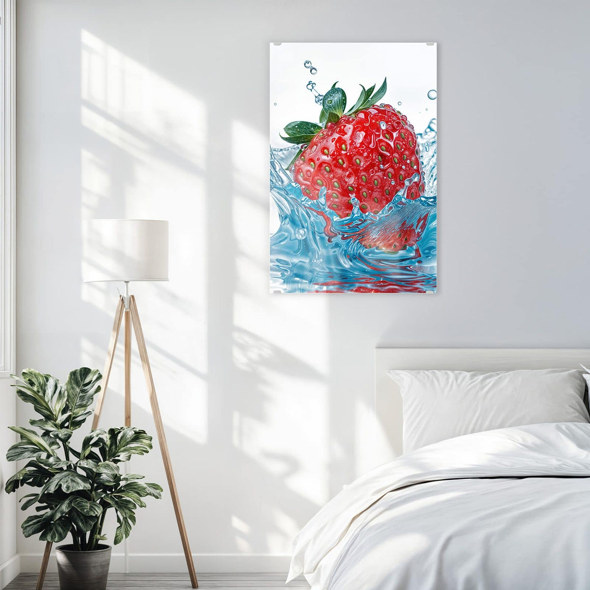 Glasbild Eintauchende Erdbeere an der Wand – Erdbeere taucht in blau schimmerndes Wasser, Spritzer ringsum