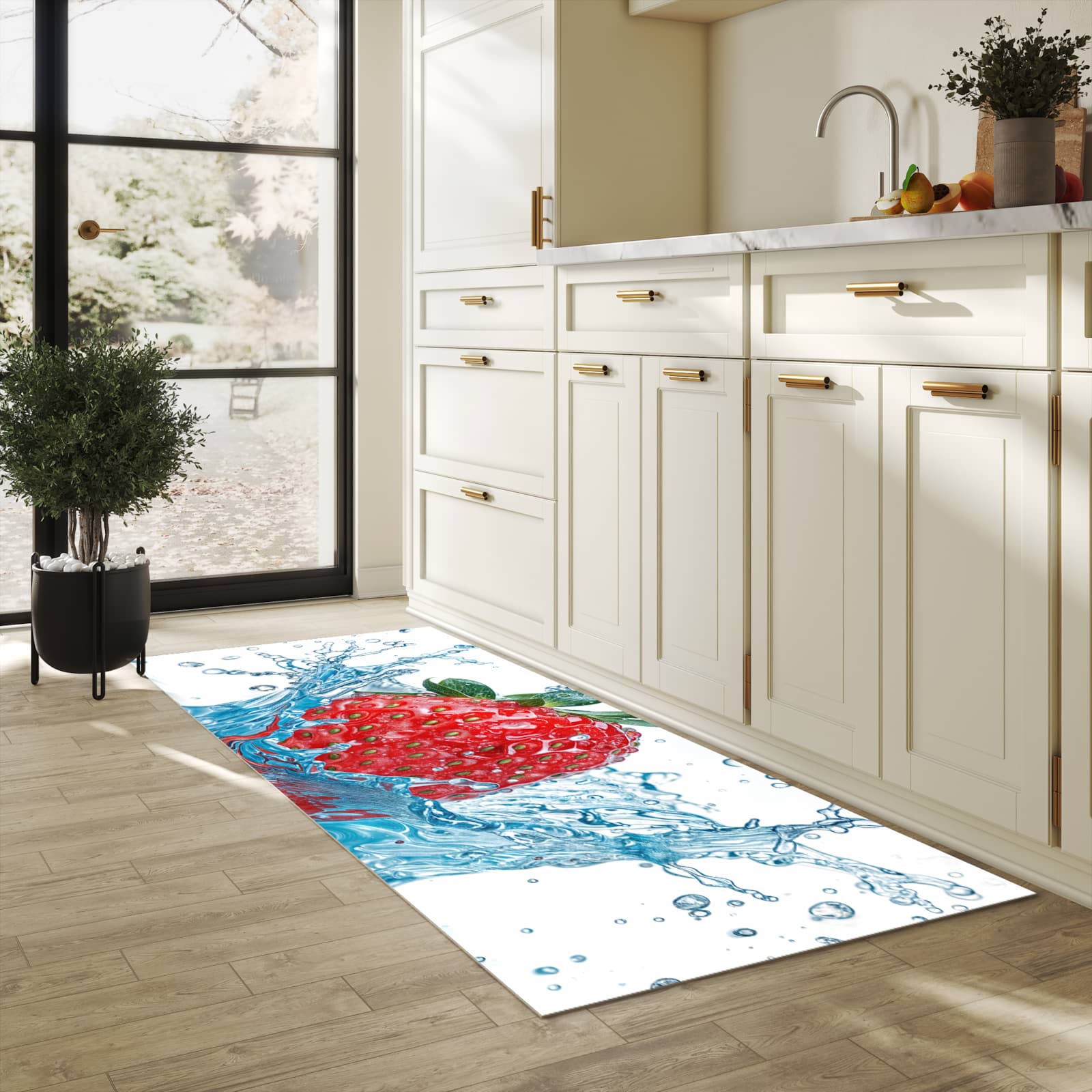 Abriebfester Küchenteppich mit Motiv Erdbeere Splash in heller Küche