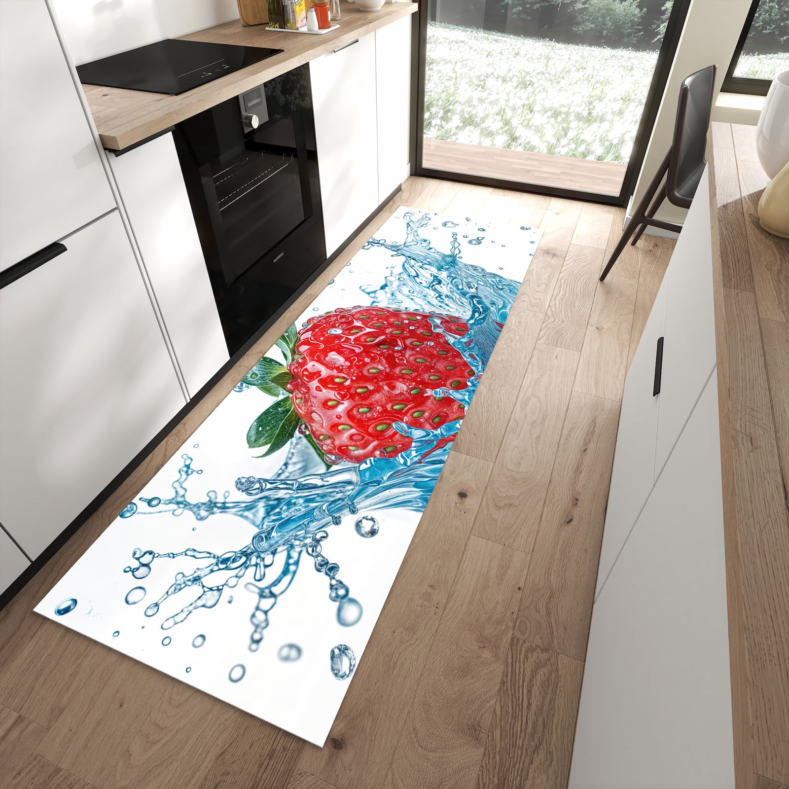 Rutschfester dünner Teppich mit Motiv Erdbeere Splash spart Zeit in moderner Küche