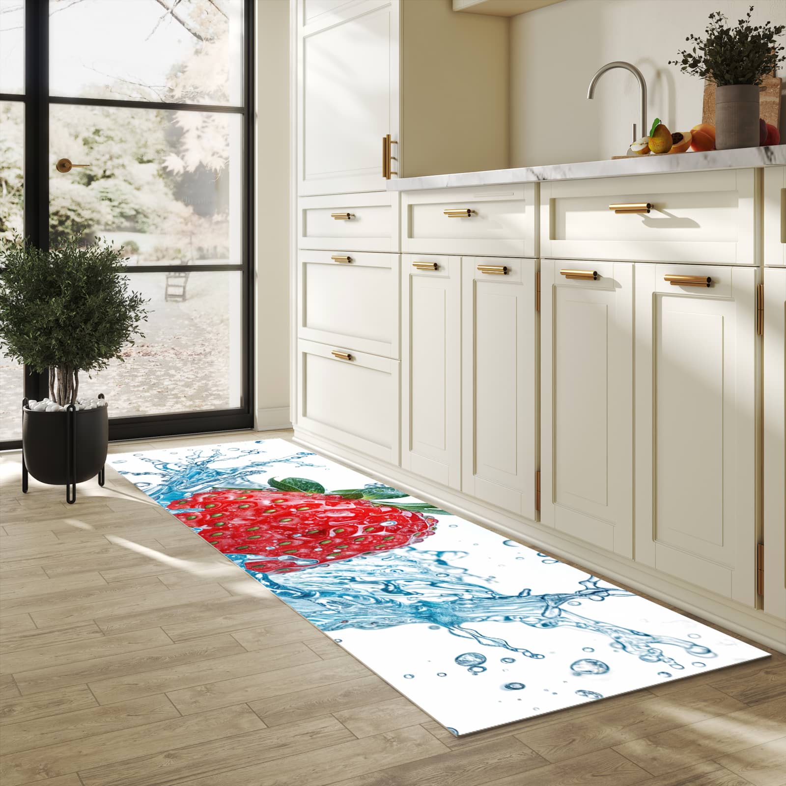 Waschbarer Küchenteppich mit Motiv Erdbeere Splash in heller Küche für sichere Aufbewahrung