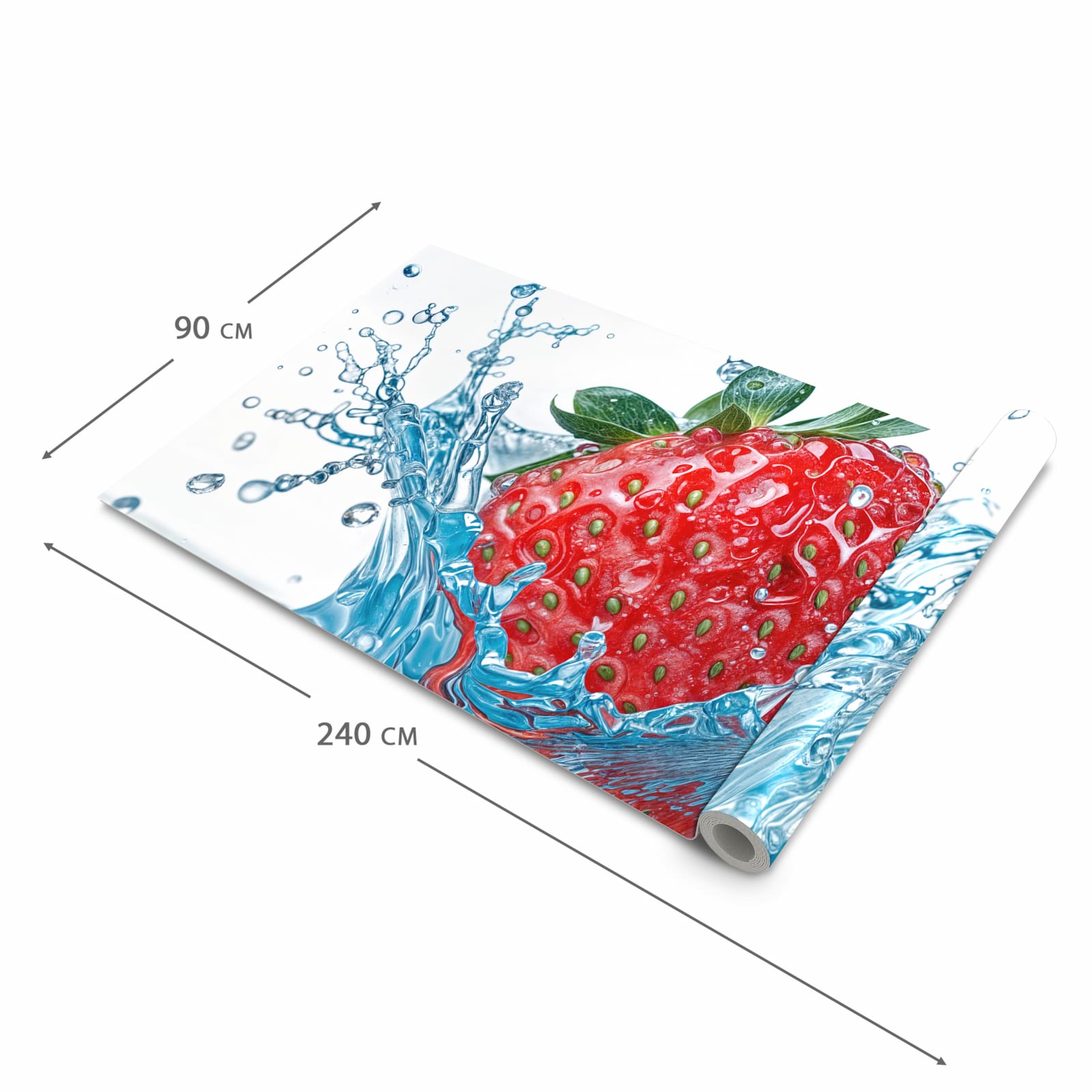 Waschbarer Küchenteppich mit Motiv Erdbeere Splash in der Grösse 80x280 cm für sichere Aufbewahrung