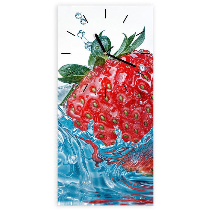 Wanduhr Erdbeere Spritzer aus Glas – Hochformat 30 × 60 cm mit Ziffernblatt Linie