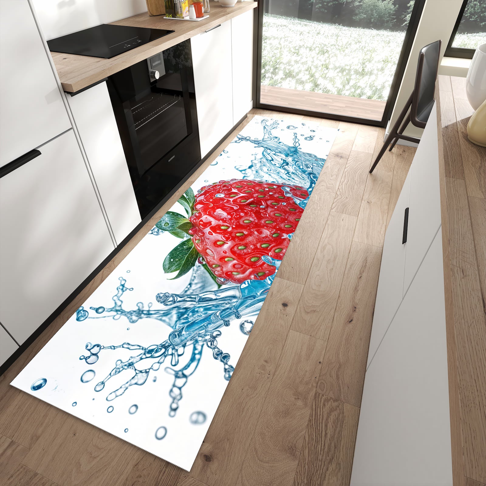 Geräuschdämpfender dünner Küchenteppich mit Motiv Erdbeere Splash in moderner Küche