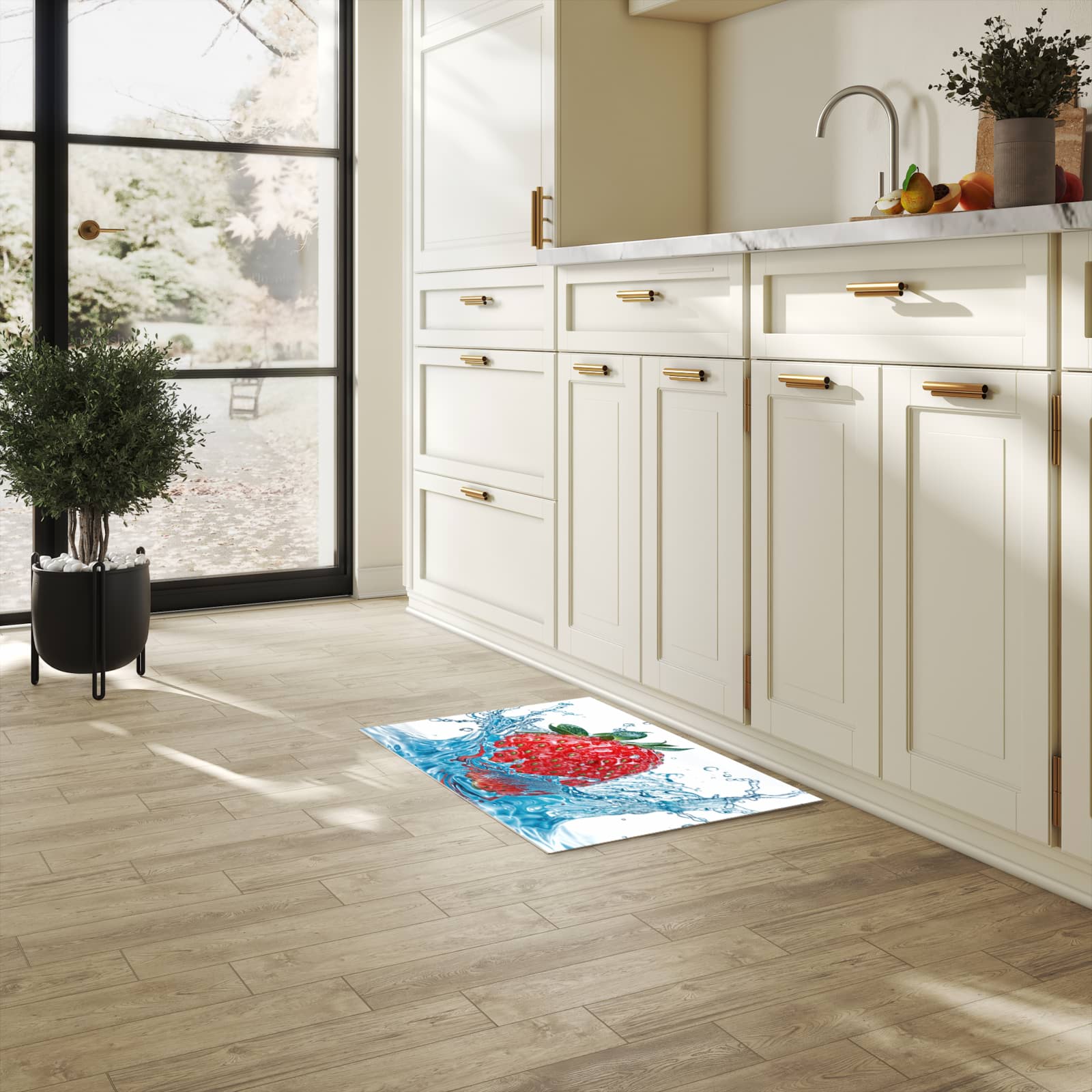 Bodenschonender rutschfester Küchenteppich mit Motiv Erdbeere Splash in heller Küche