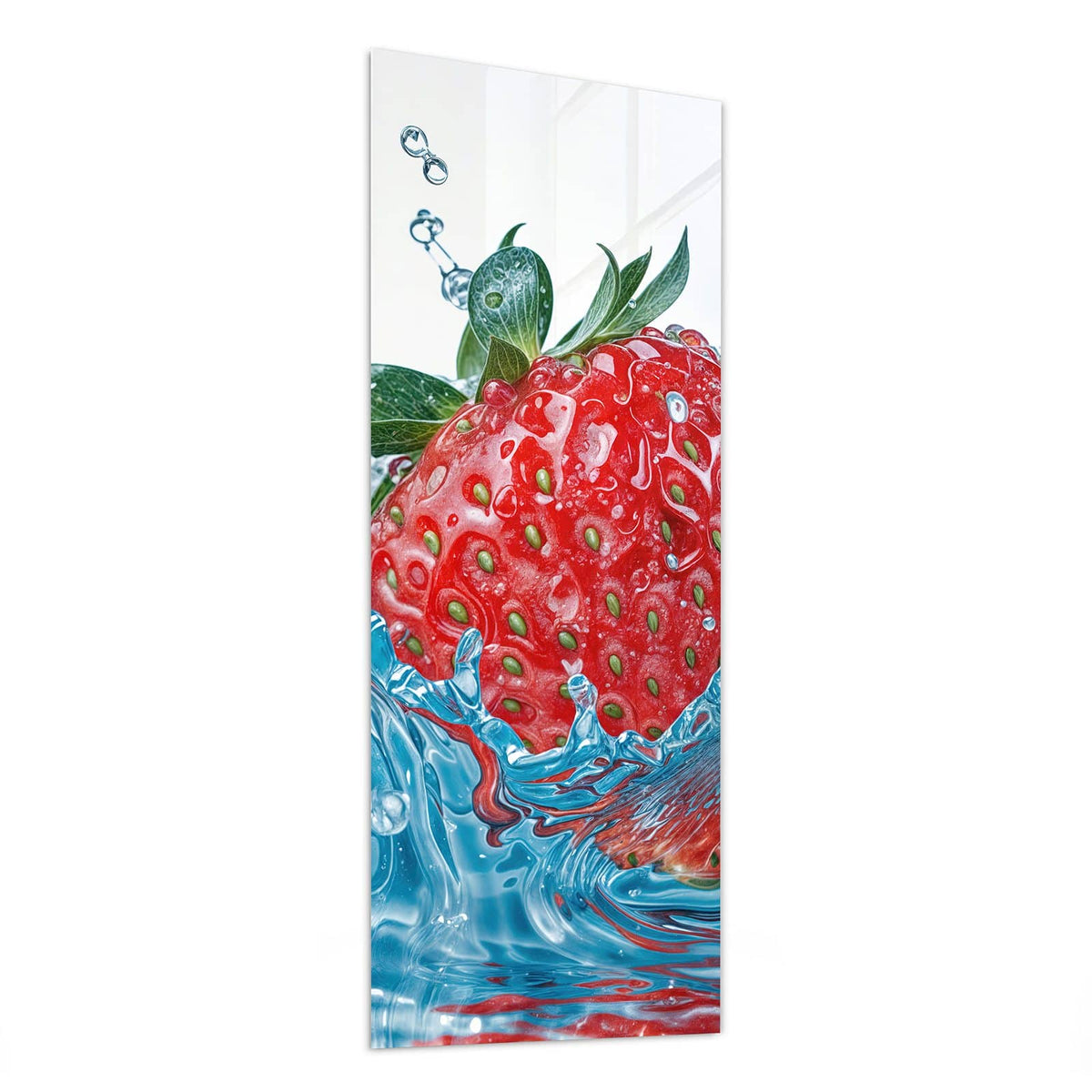Glasbild Eintauchende Erdbeere von der Seite, 4 mm Echtglas
