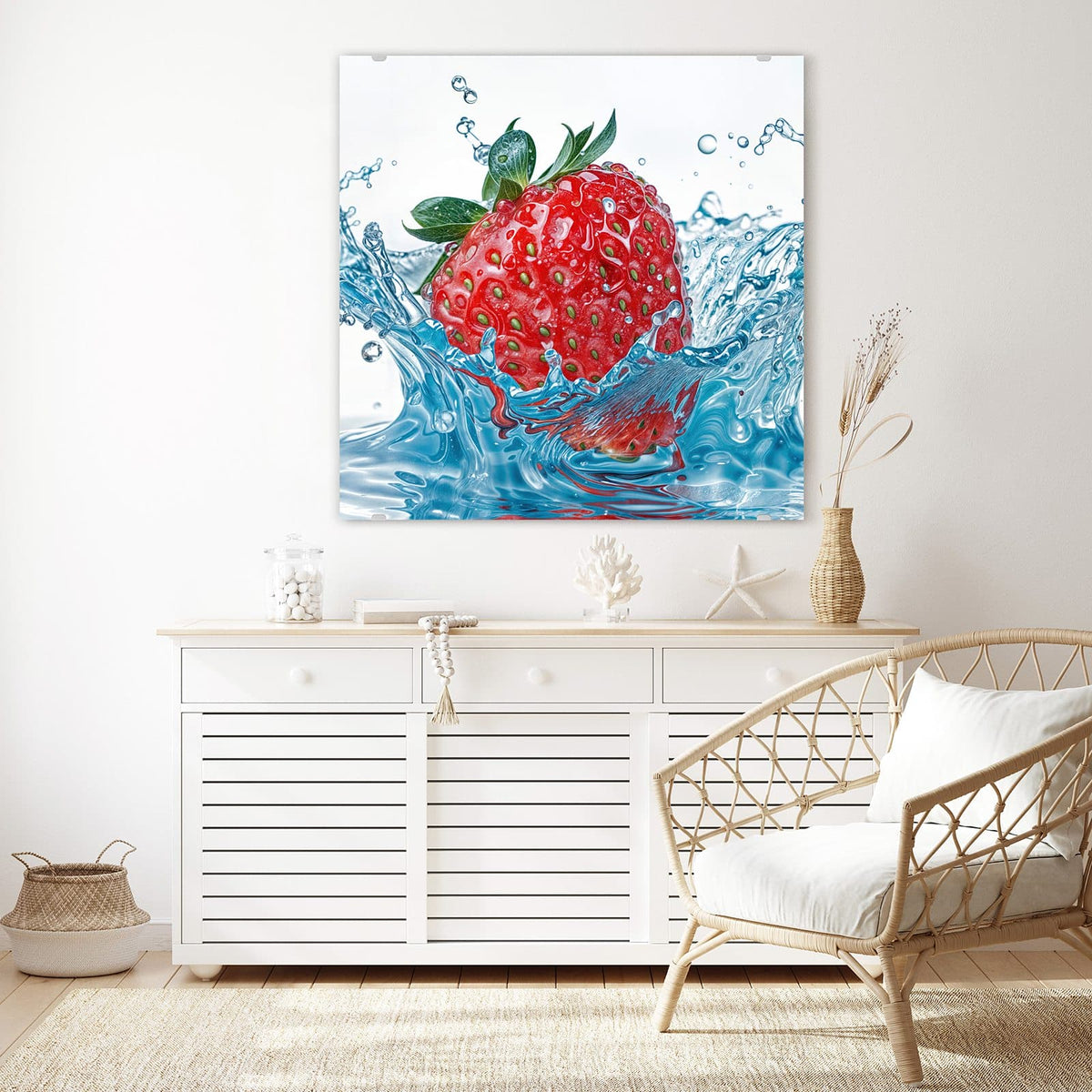 Glasbild Eintauchende Erdbeere an der Wand – Erdbeere taucht in blau schimmerndes Wasser, Spritzer ringsum