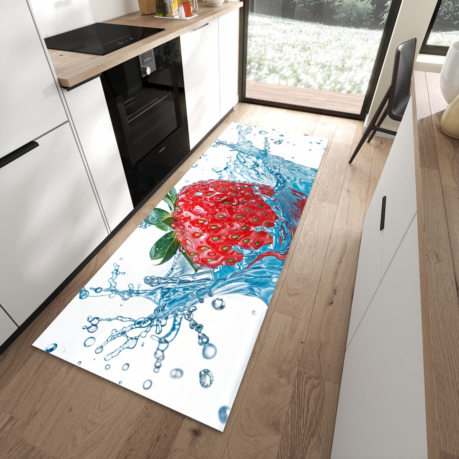Rutschfester Küchenteppich mit Motiv Erdbeere Splash für Trittkomfort in moderner Küche