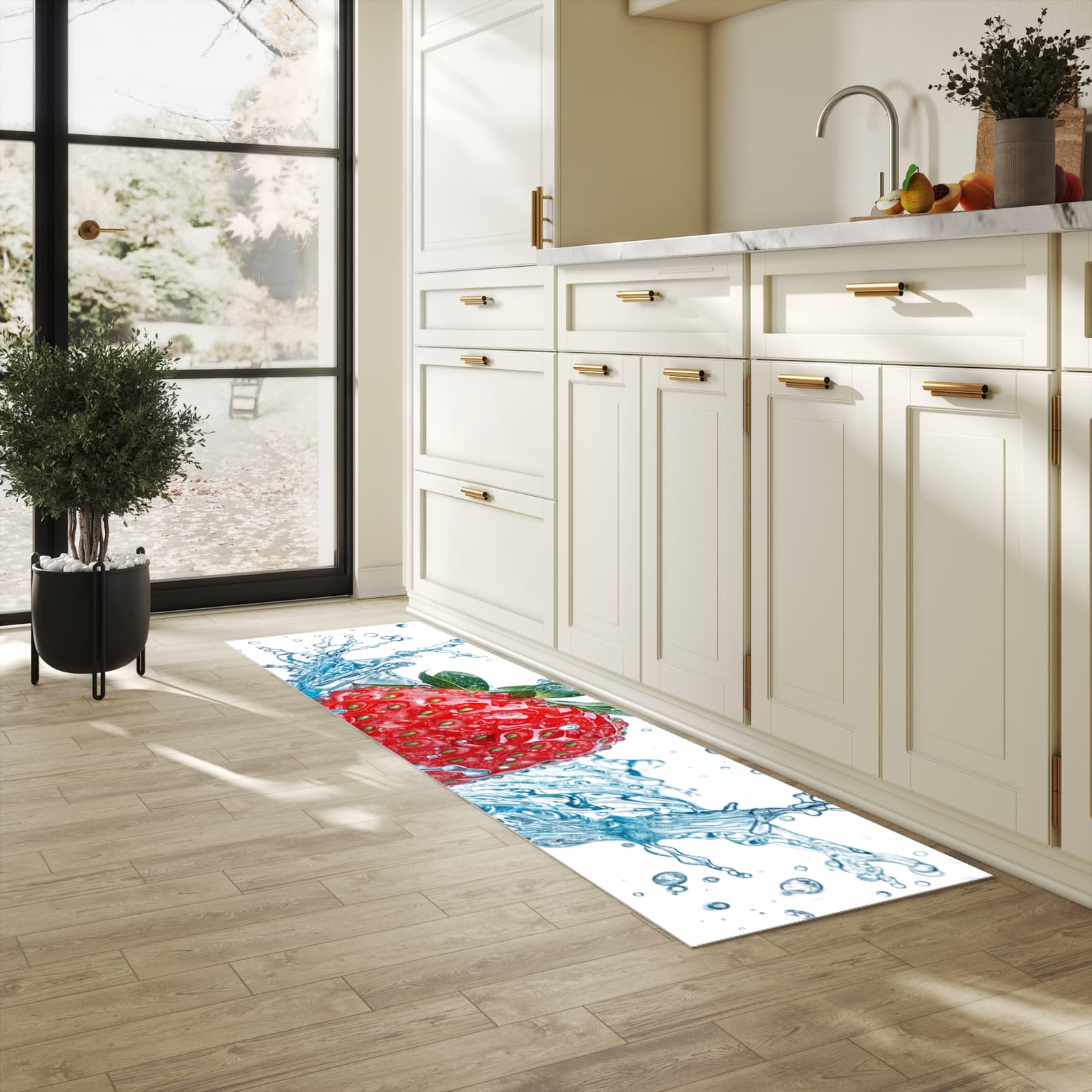 Feuchtigkeitsresistenter Küchenteppich mit Motiv Erdbeere Splash in heller Küche