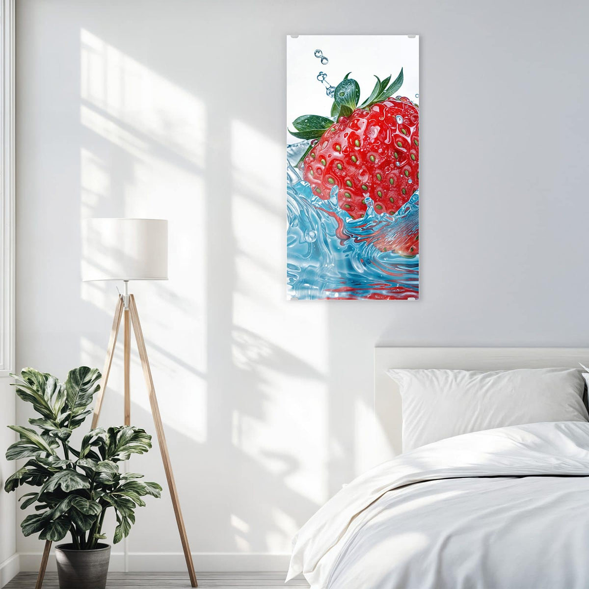 Glasbild Eintauchende Erdbeere an der Wand – Erdbeere taucht in blau schimmerndes Wasser, Spritzer ringsum