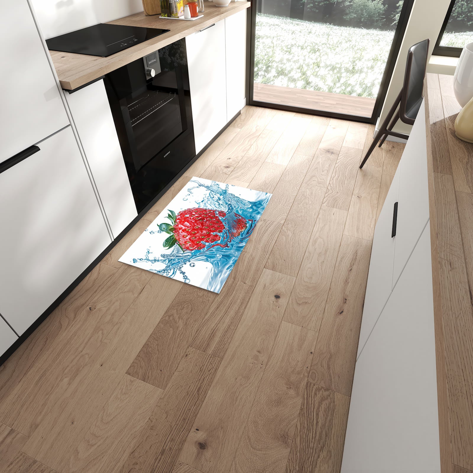 Formstabiler Läufer mit Motiv Erdbeere Splash in moderner Küche für rutschfesten Stand