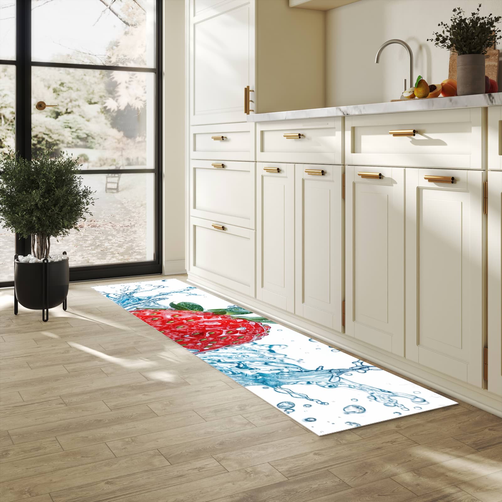 Bodenschonender Küchenteppich mit Motiv Erdbeere Splash in heller Küche