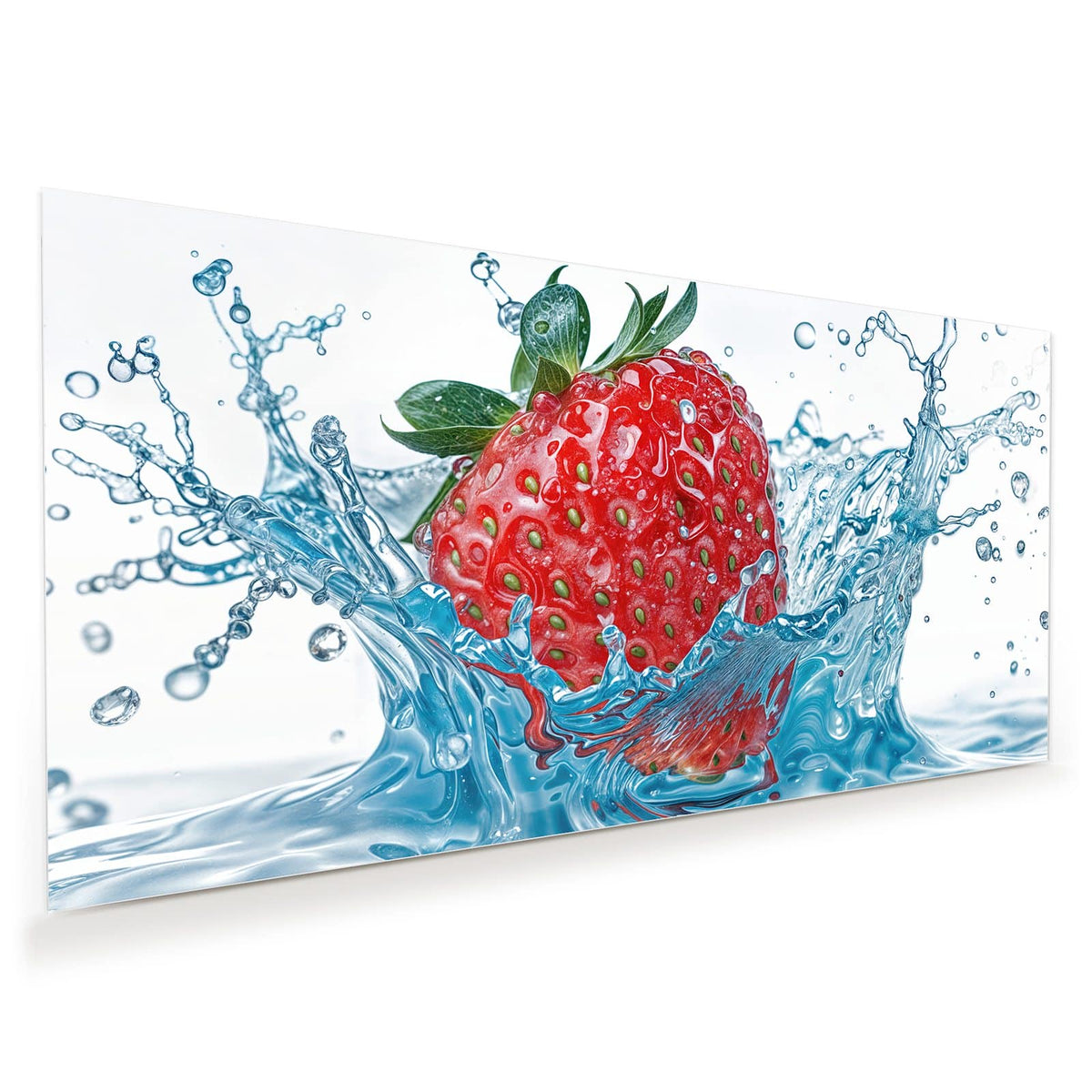Erdbeere taucht in blau schimmerndes Wasser, Spritzer ringsum