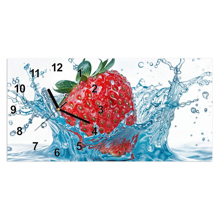 Wanduhr Erdbeere Spritzer aus Glas – Querformat 60 × 30 cm mit Ziffernblatt Modern
