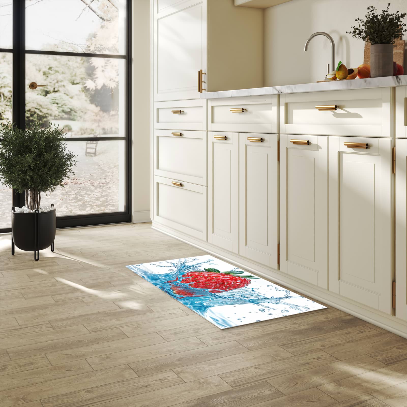 Waschbarer rutschfester Küchenteppich mit Motiv Erdbeere Splash in heller Küche