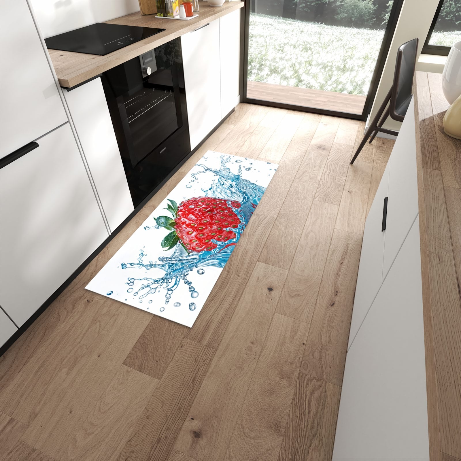 Feuchtigkeitsresistenter Teppichläufer mit Motiv Erdbeere Splash in moderner Küche #grösse_60 x 150 cm