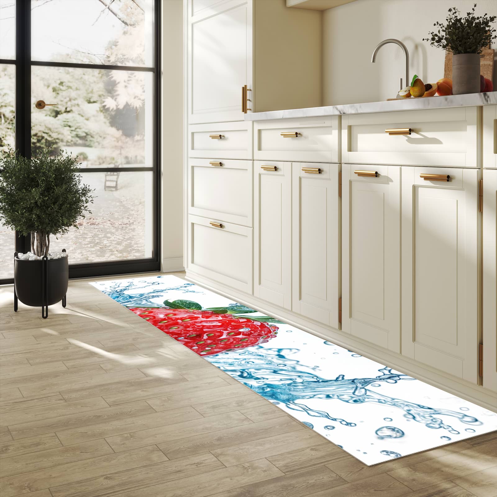 Küchenteppich mit Motiv Erdbeere Splash für Ordnung & Übersicht in heller Küche