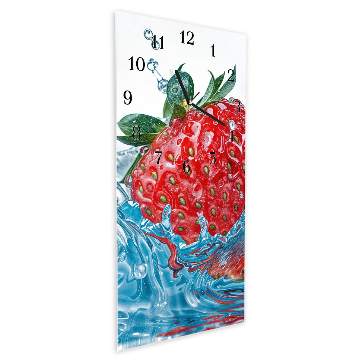Vormontiert – mit Schwebeeffekt – Wanduhr Erdbeere Spritzer aus Glas – Hochformat 30 × 60 cm