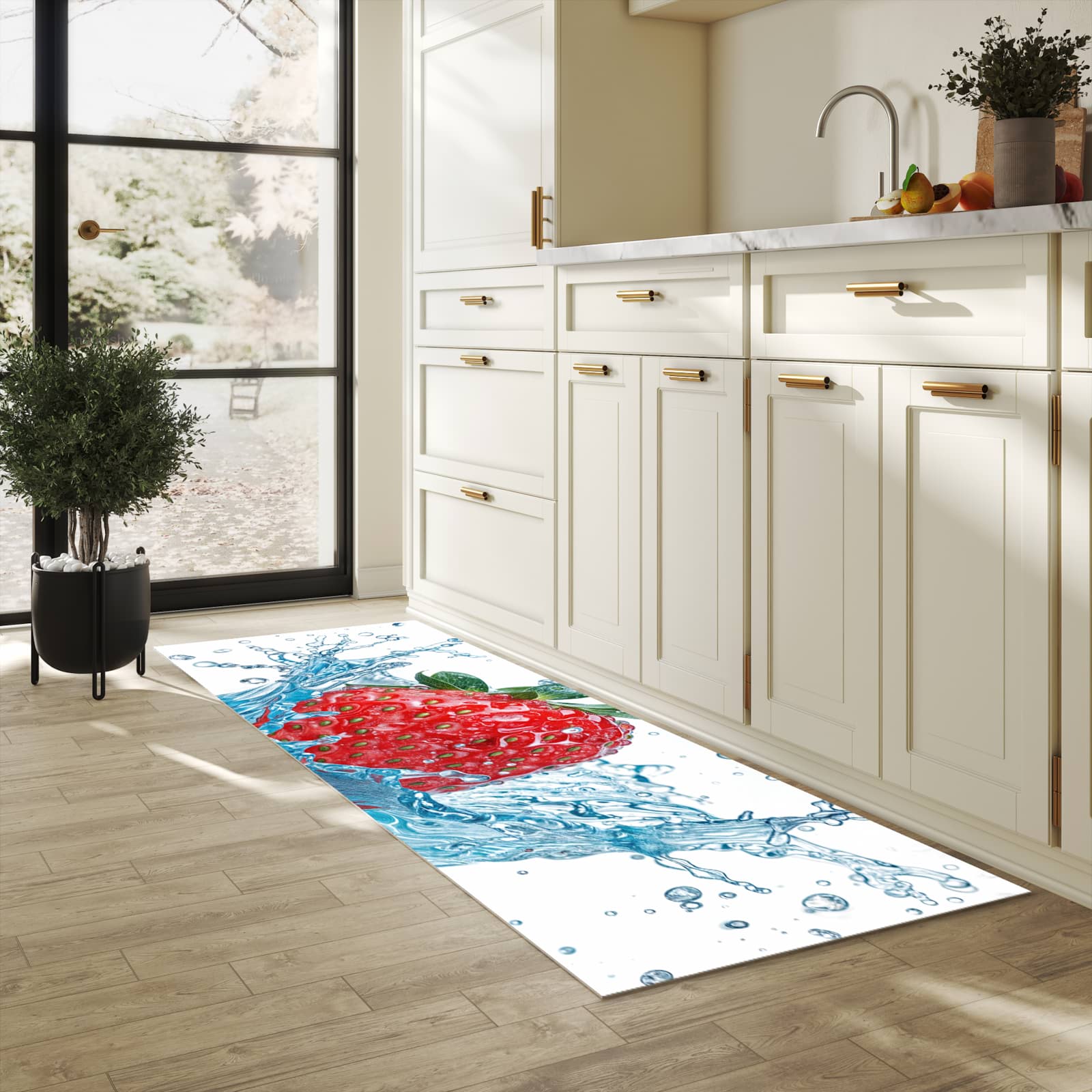 Formstabiler waschbarer Küchenteppich mit Motiv Erdbeere Splash in heller Küche