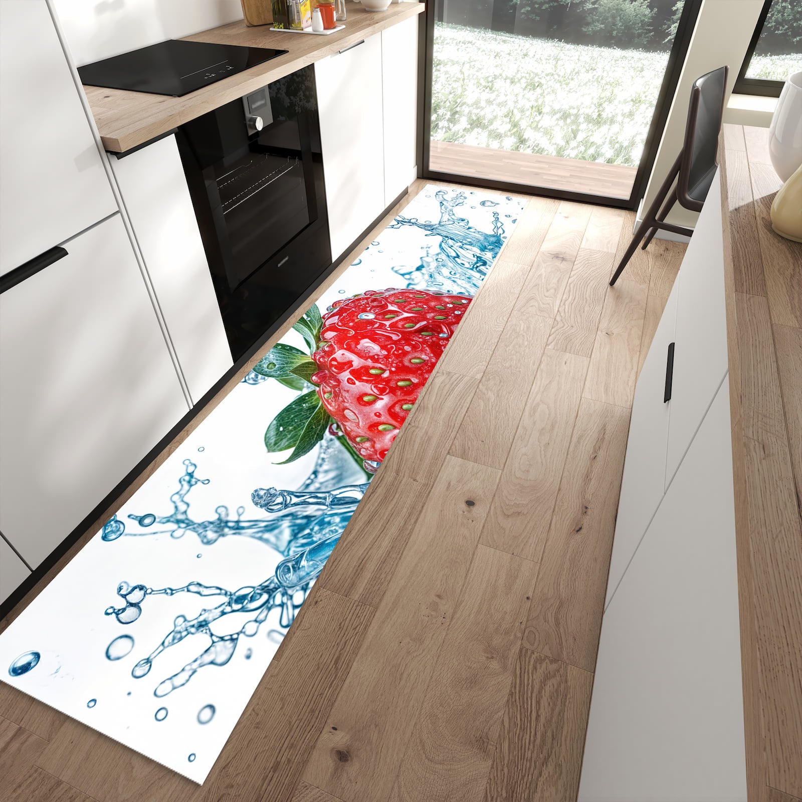 Farbbeständiger Läufer für den Eingangsbereich mit Motiv Erdbeere Splash in moderner Küche