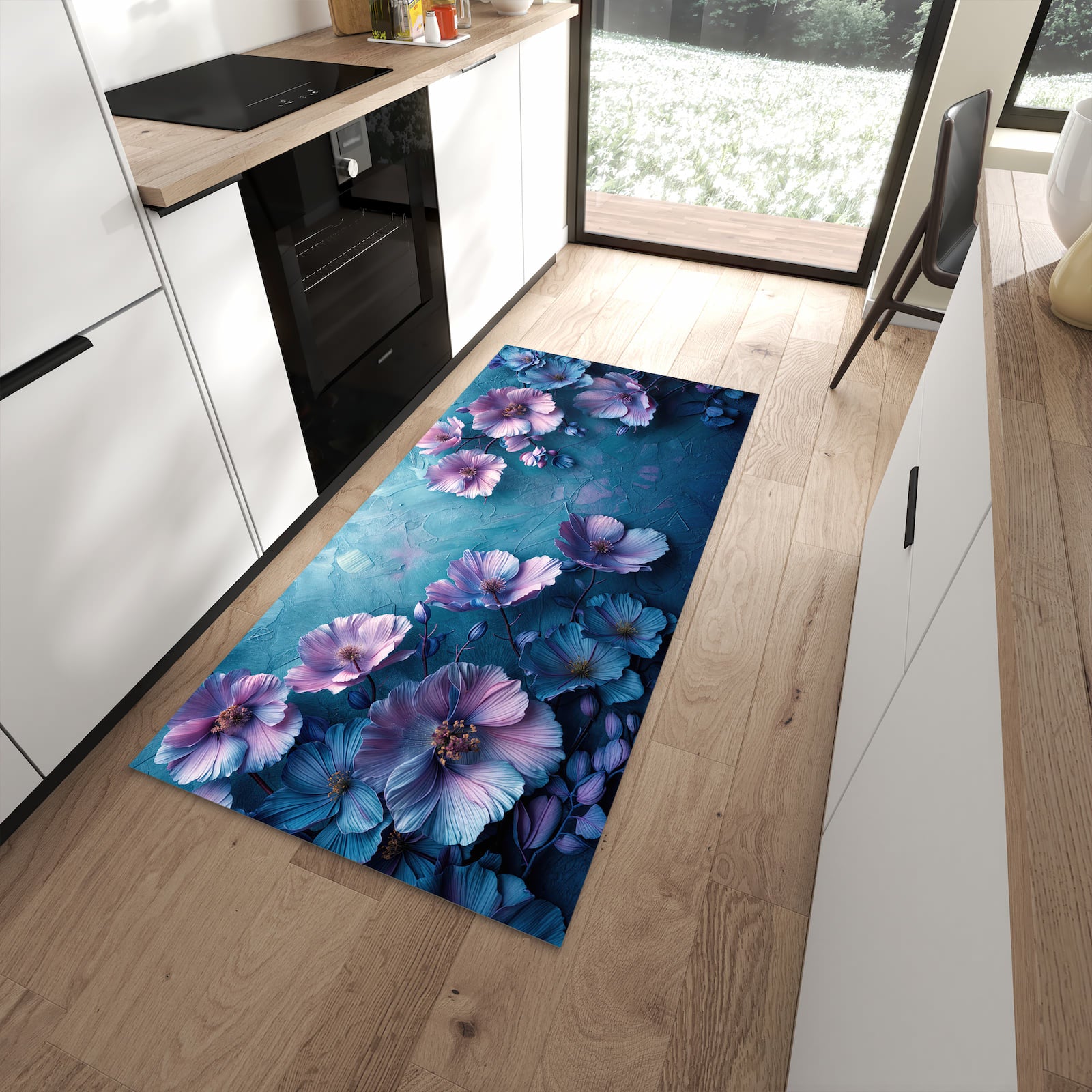 Waschbarer Küchenteppich mit Motiv Blumenmuster in moderner Küche