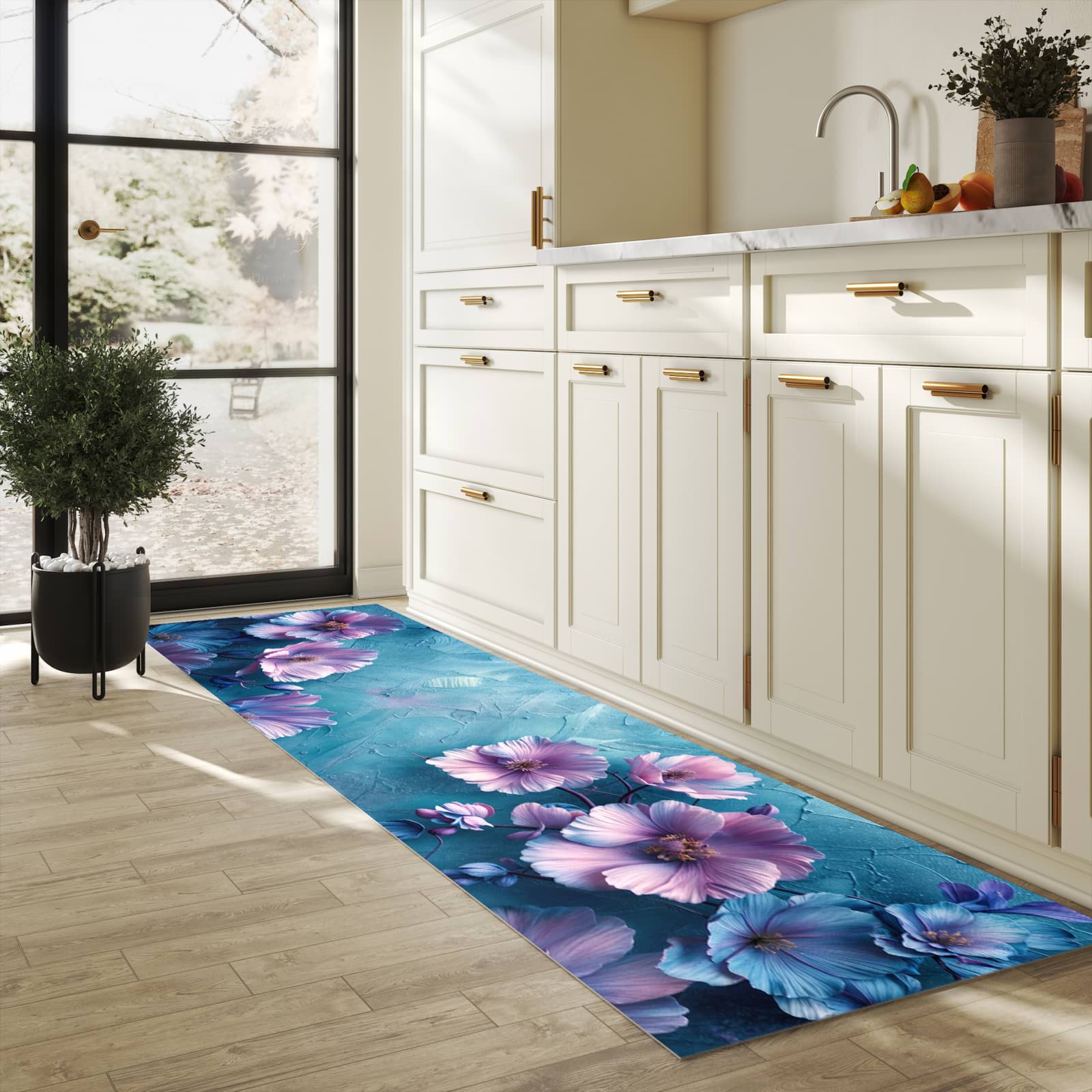 Dünner waschbarer Küchenteppich mit Motiv Blumenmuster für angenehme Haptik in heller Küche