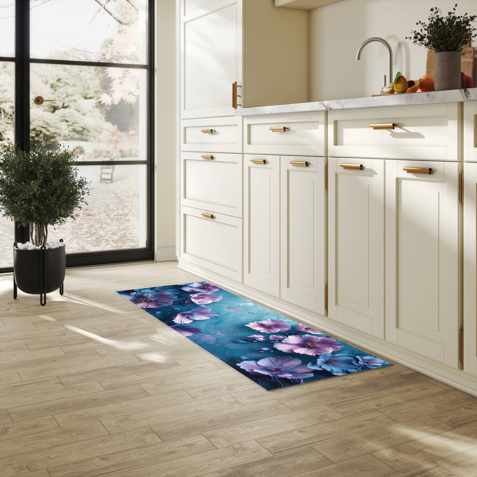 Schmutzabweisender Teppichläufer mit Motiv Blumenmuster in heller Küche