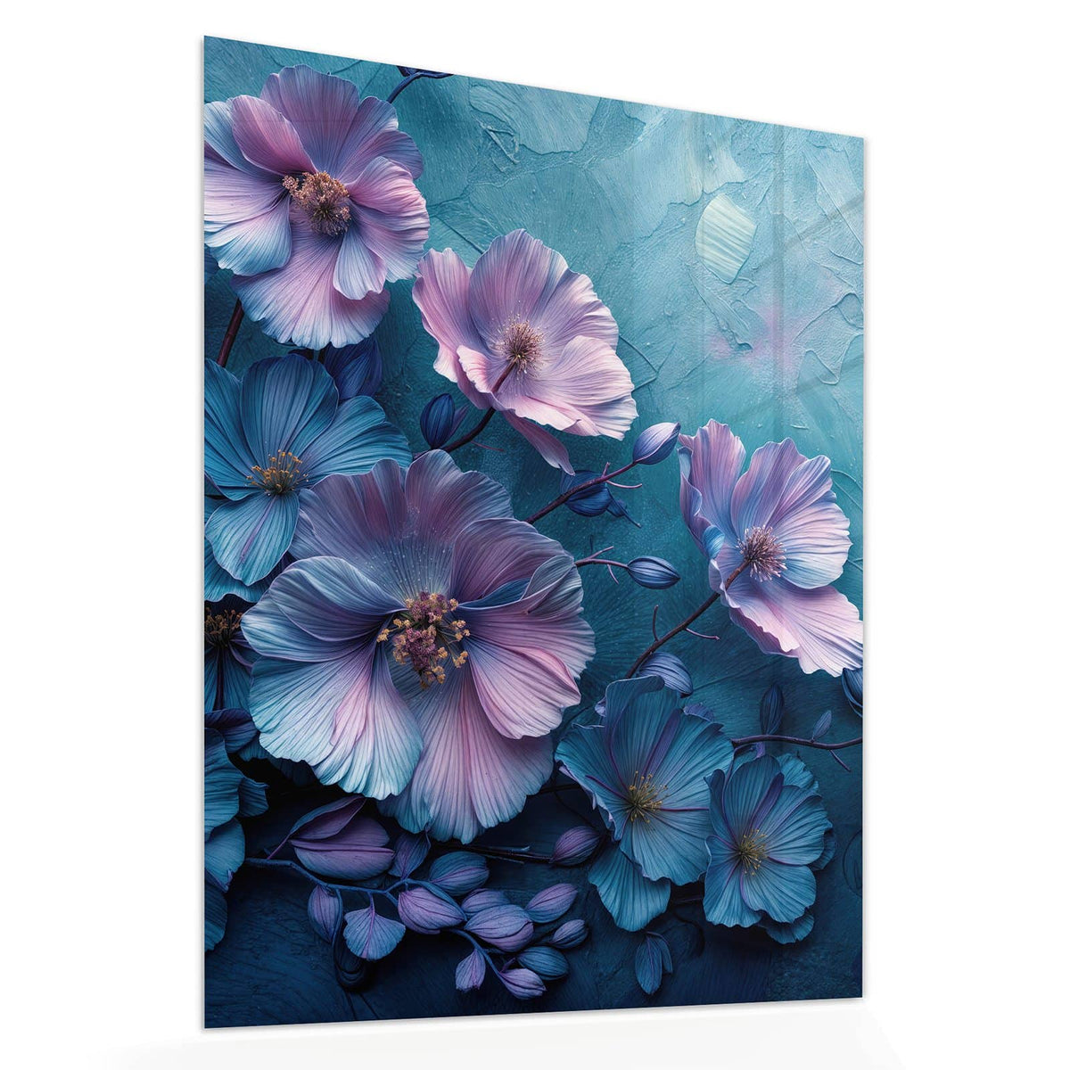 Echtglas, 4 mm – kein Acryl, keine Folie – Wandbild - Malven auf Türkis - Hochformat