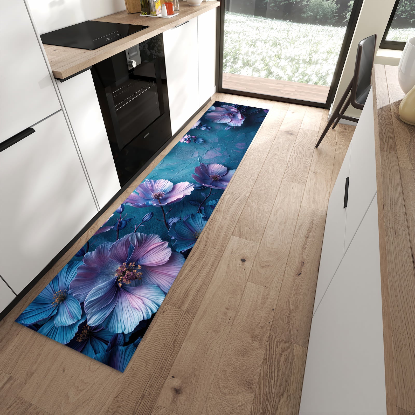 Pflegeleichter Küchenteppich mit Motiv Blumenmuster in moderner Küche