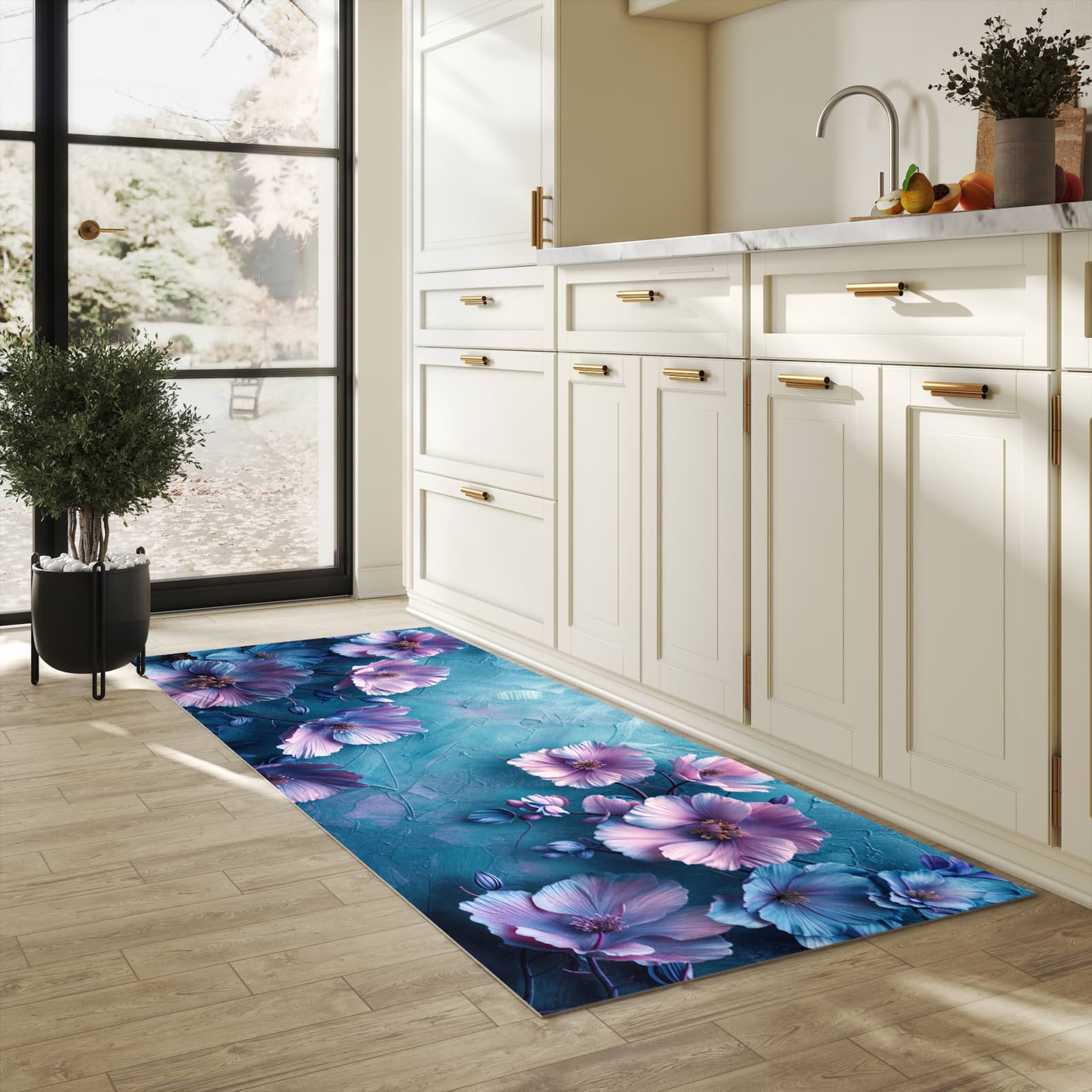 Strapazierfähiger Teppich für Esstisch mit Motiv Blumenmuster in heller Küche