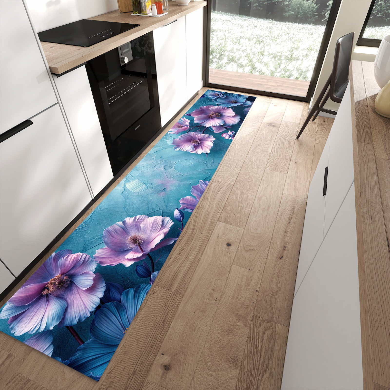 Komfortabler Küchenteppich mit Motiv Blumenmuster in moderner Küche