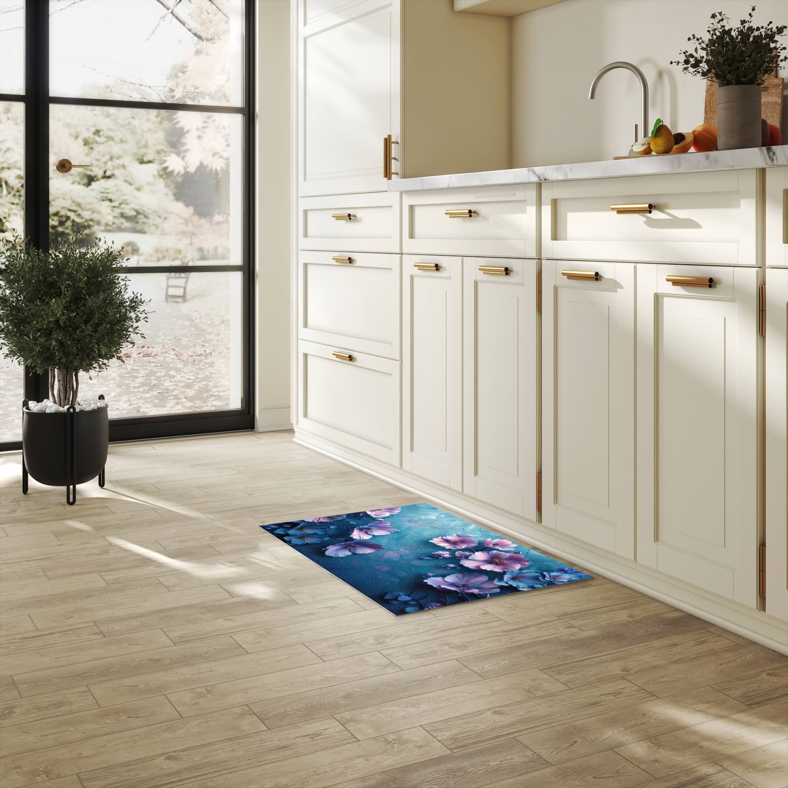 Pflegeleichter Läufer für Eingangsbereich mit Motiv Blumenmuster in heller Küche