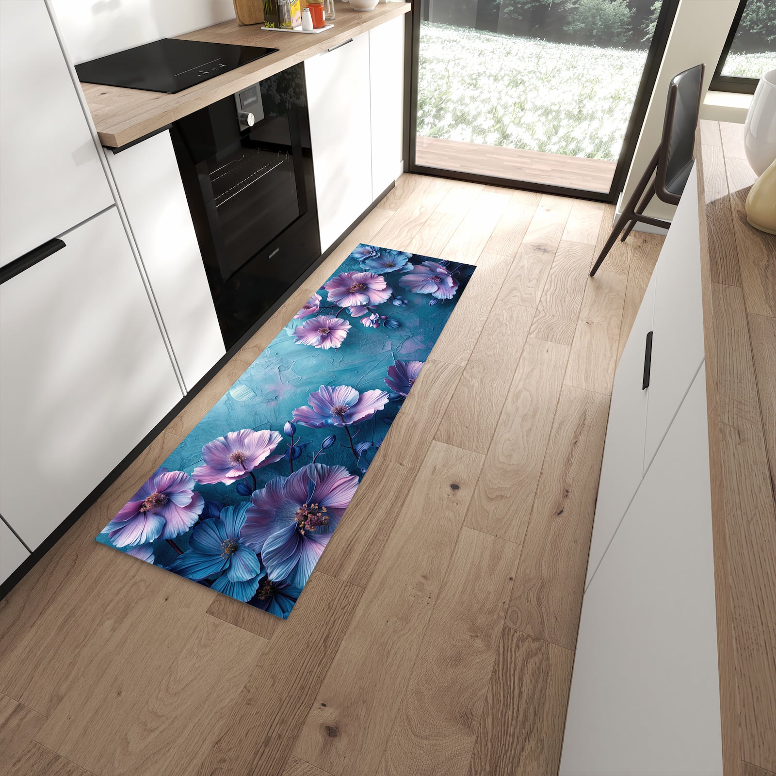 Langlebiger Küchenteppich mit Motiv Blumenmuster in moderner Küche