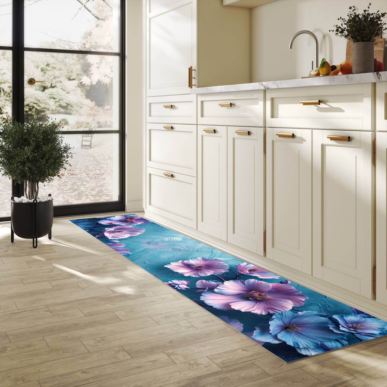 Flacher Küchenläufer mit Motiv Blumenmuster in heller Küche für lange Teppiche