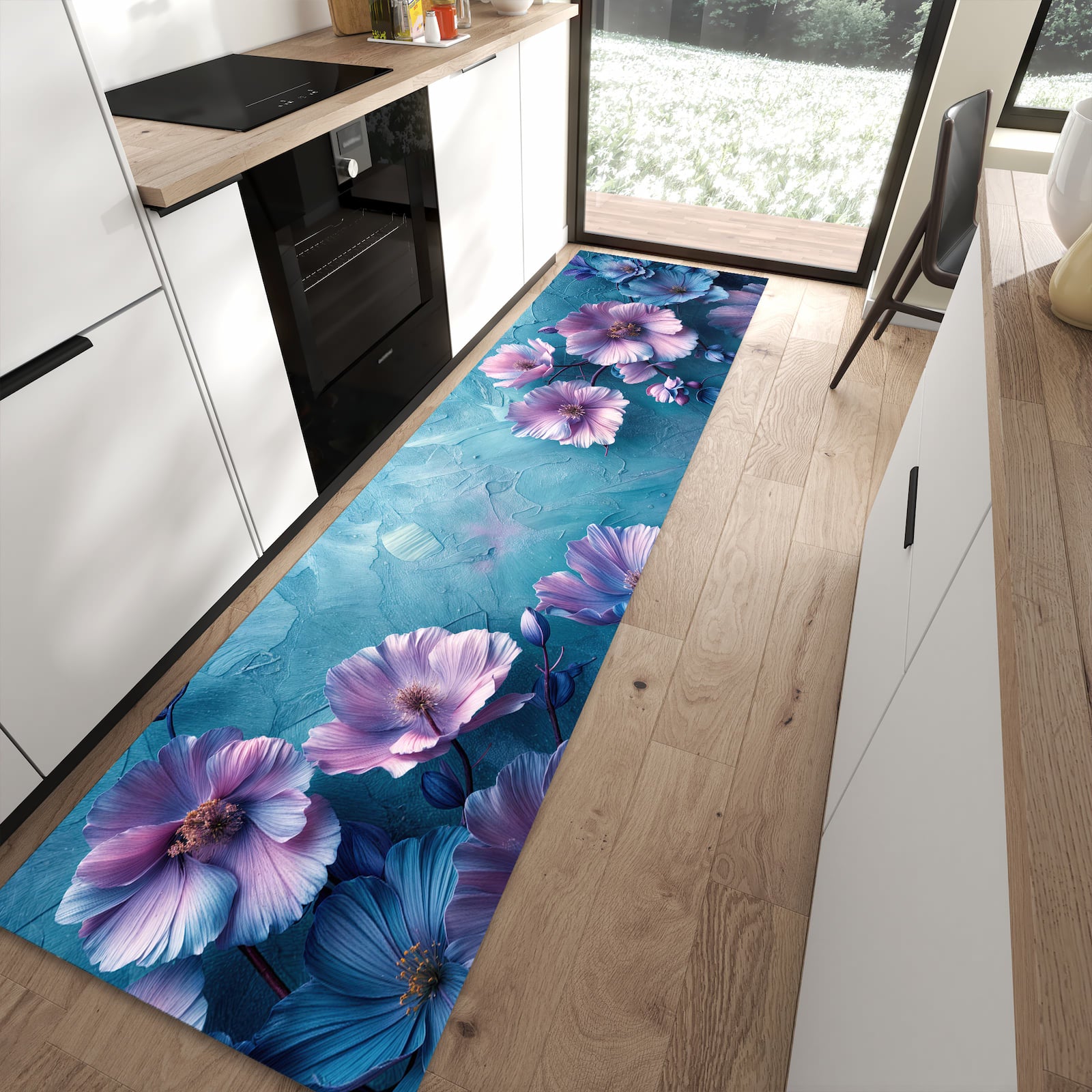 Strapazierfähiger Küchenvorleger mit Motiv Blumenmuster in moderner Küche