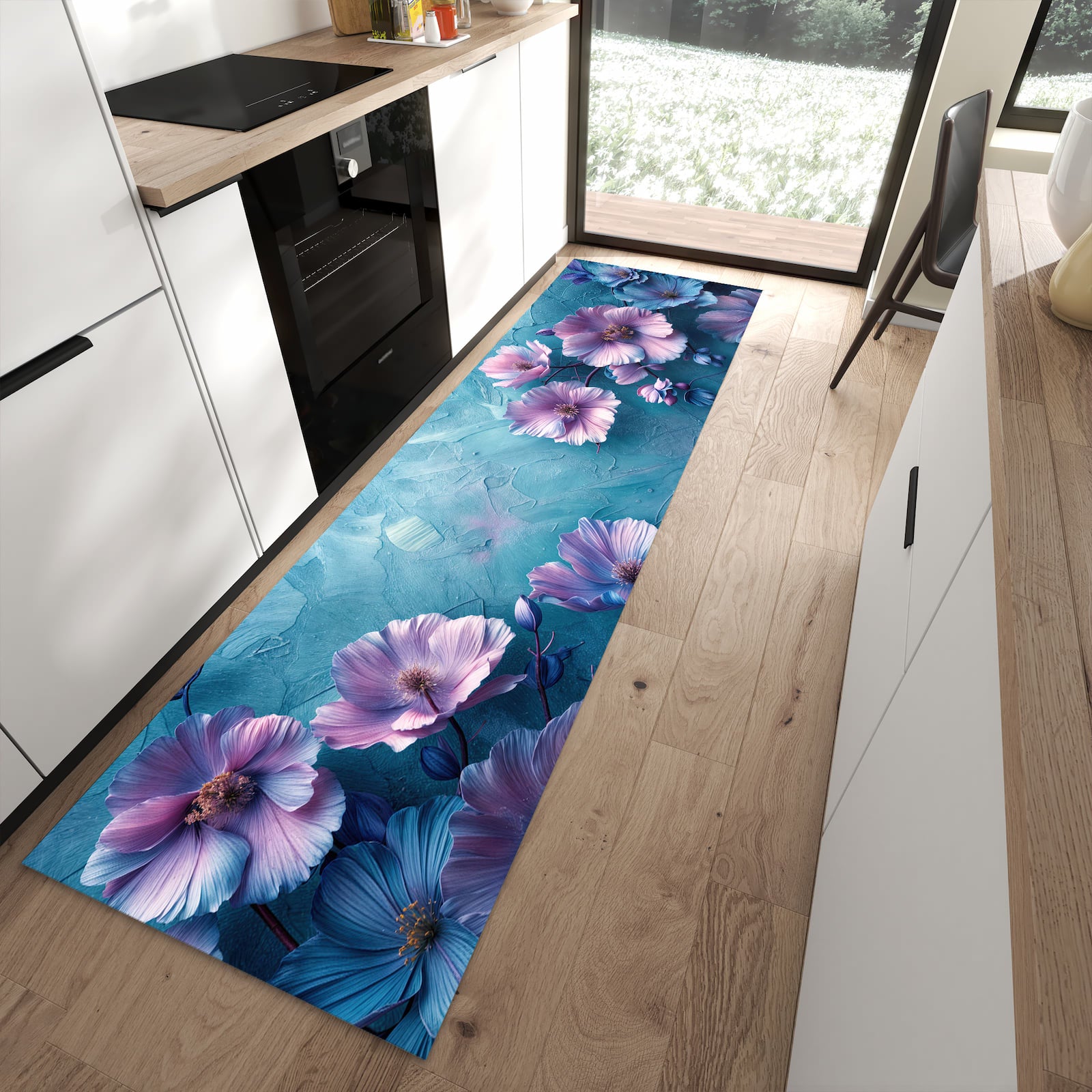 Hygienischer Küchenteppich mit Motiv Blumenmuster in moderner Küche