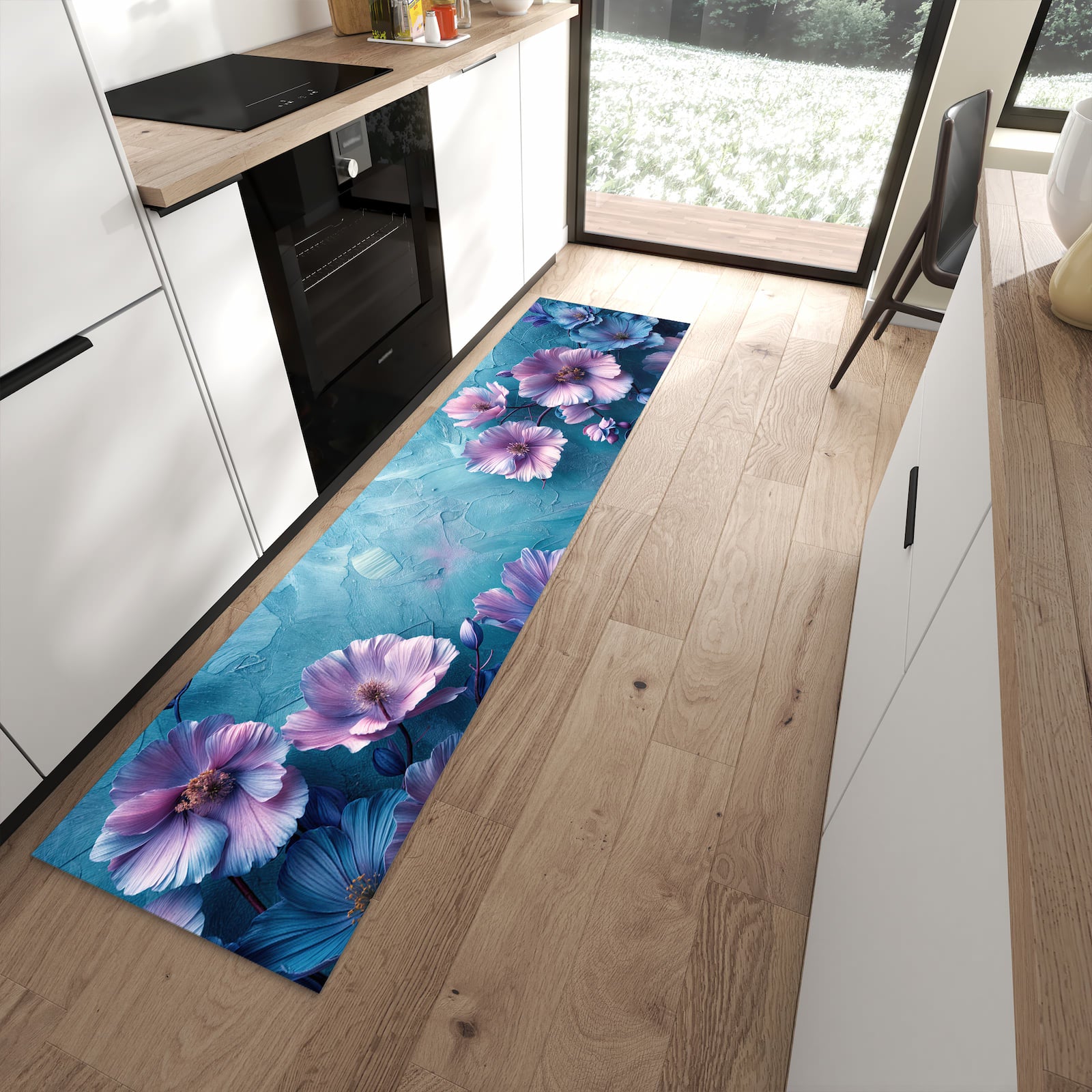 Flacher Küchenteppich mit Motiv Blumenmuster in moderner Küche