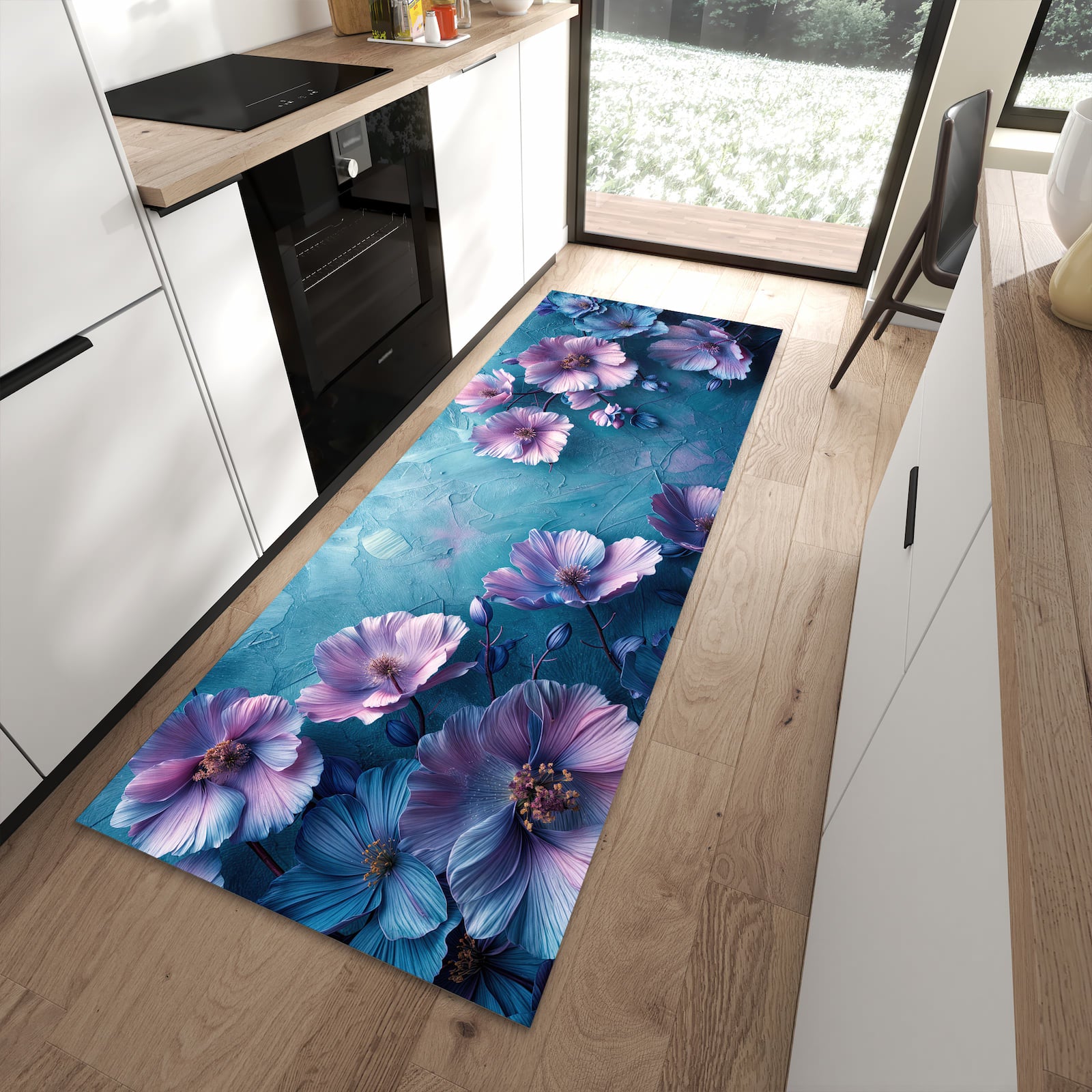 Langlebiger Küchenläufer mit Motiv Blumenmuster in moderner Küche