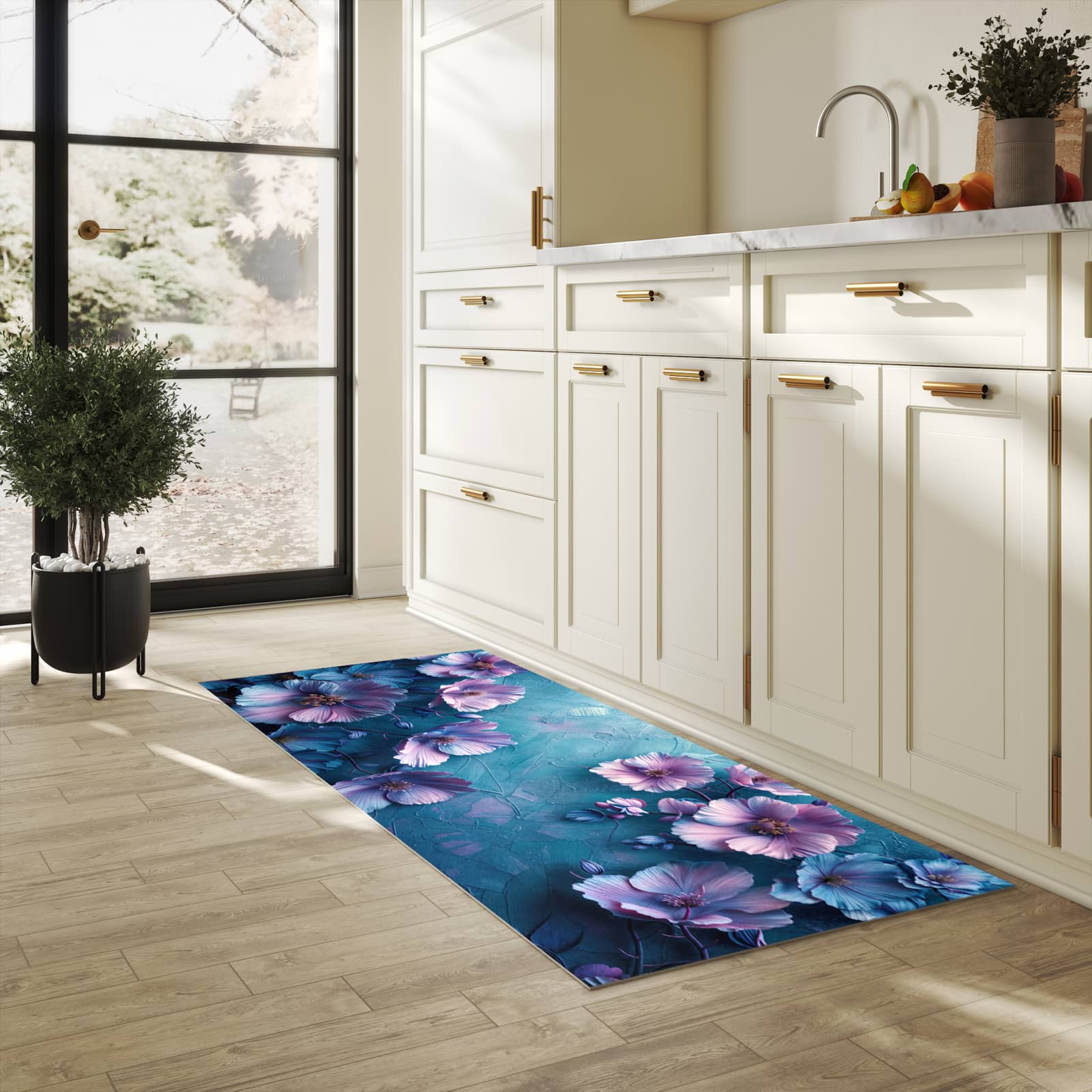 Komfortabler Läufer mit Motiv Blumenmuster in heller Küche für rutschfesten Stand