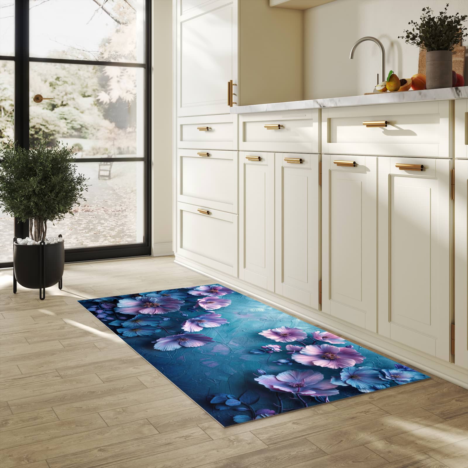 Hygienischer Teppich fürs Esszimmer mit Motiv Blumenmuster in heller Küche