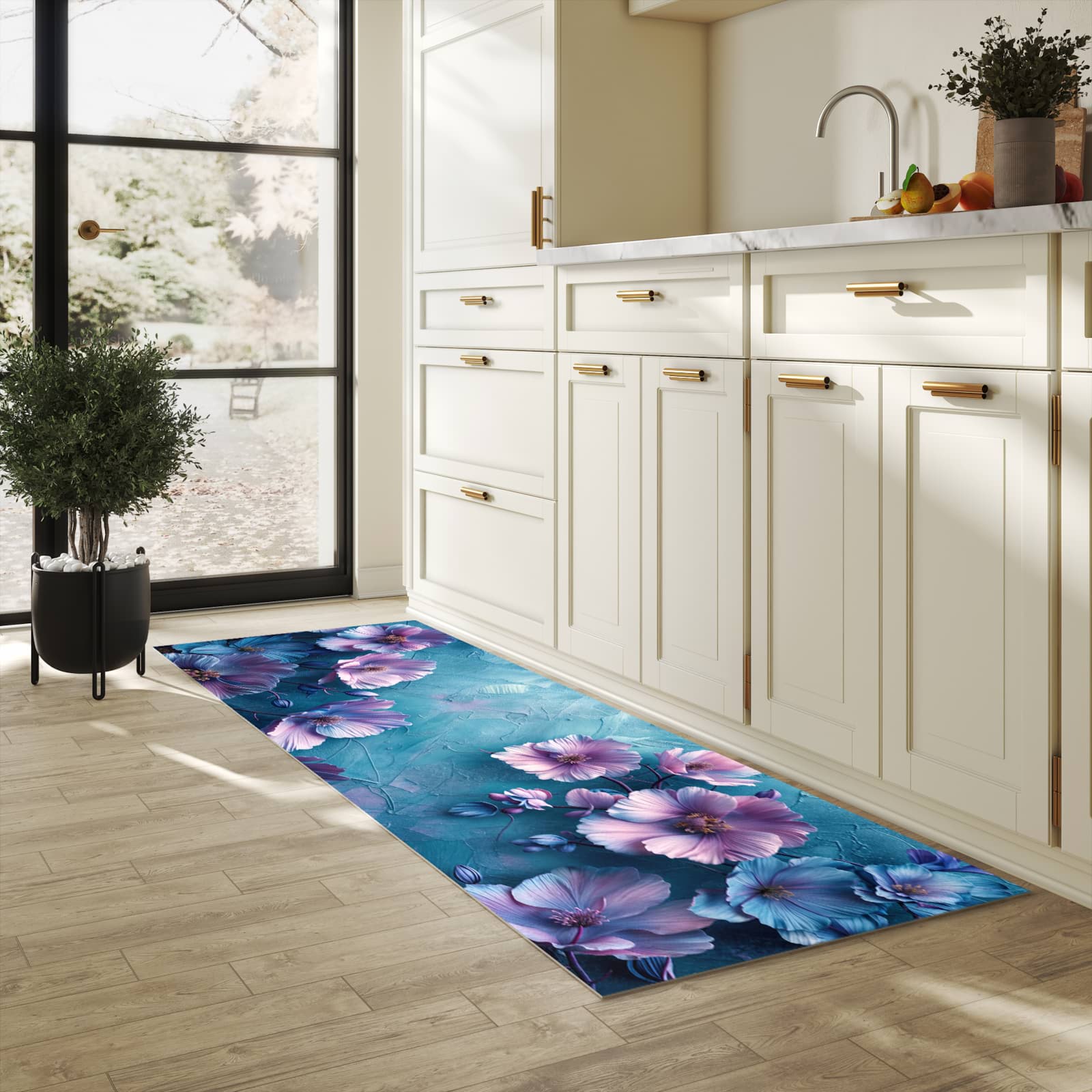 Rutschhemmender dünner Teppich mit Motiv Blumenmuster in heller Küche